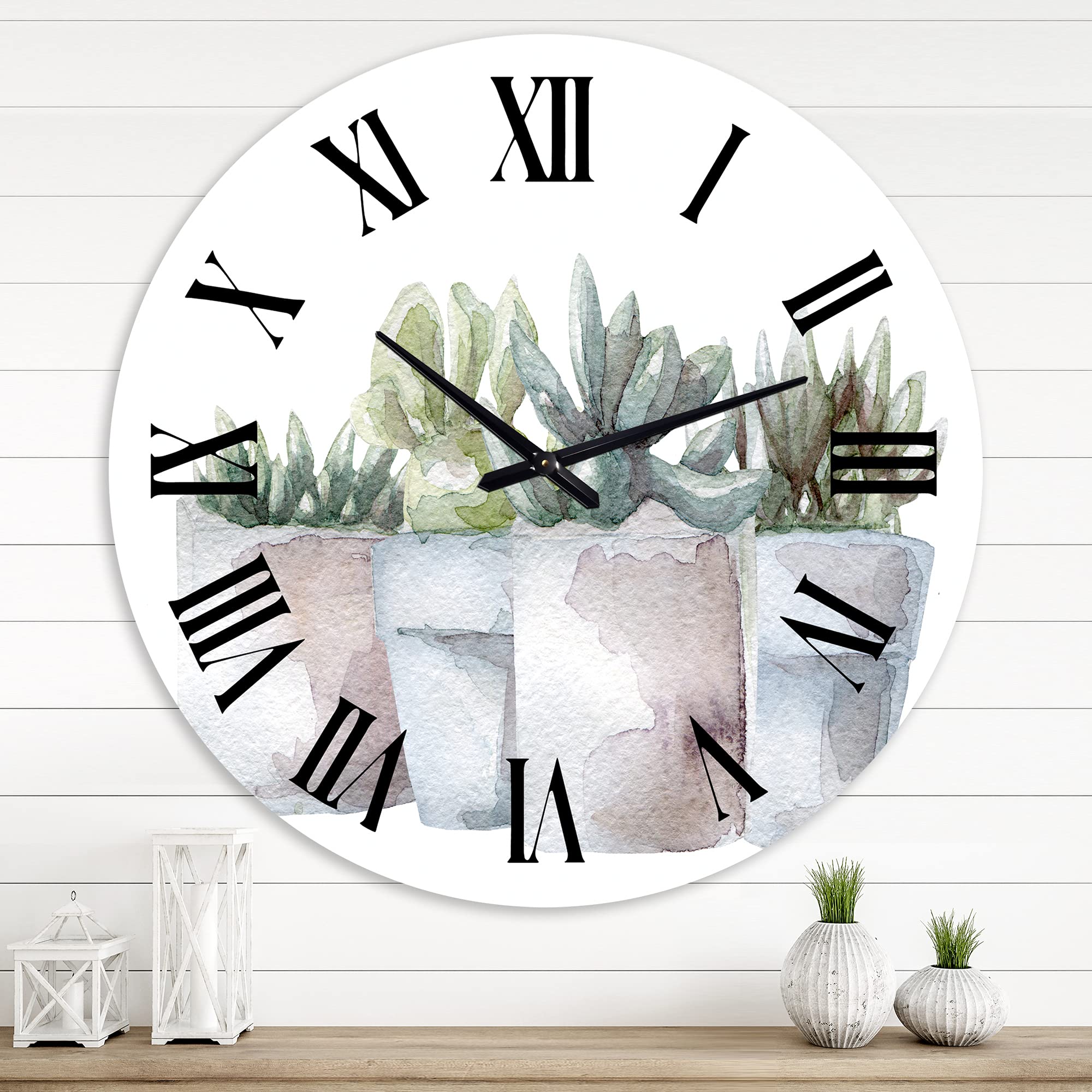 DesignQ Farmhouse Wall Clock 'Cactus and Succulent House Plants III' - Large Floral & Botanical Wall Clock for Living Room, Kitchen, Bedroom Decor - Perfect for Home, Office, and Gift Giving