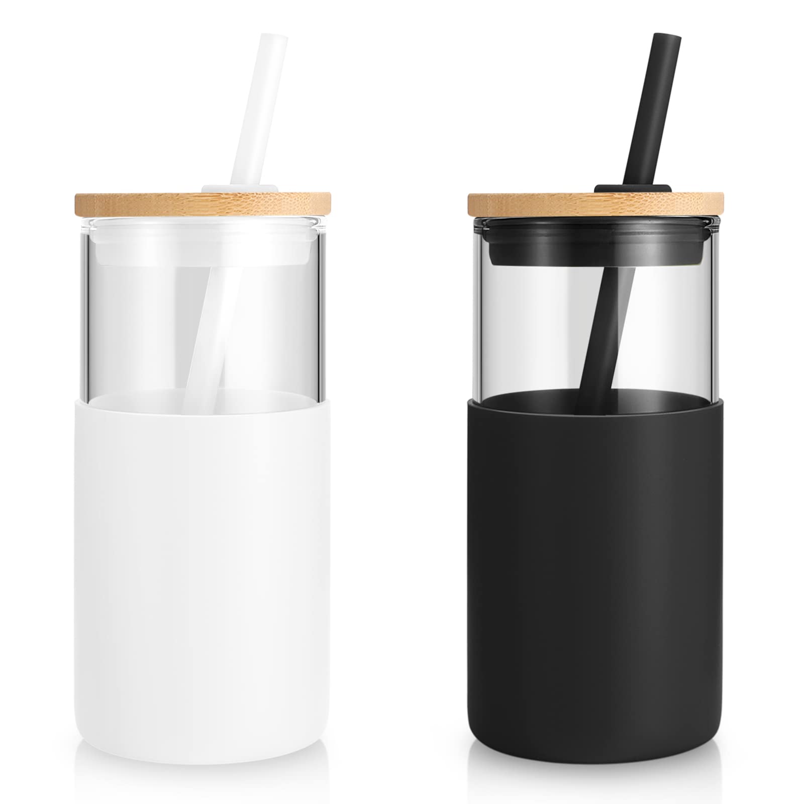 16 oz Glass Tumbler with Straw & Bamboo Lid - BPA Free Reusable Iced Coffee Cup, Smoothie Cup with Silicone Sleeve - Perfect for Iced Coffee, Cold Drinks & Smoothies at Home, Office or Travel