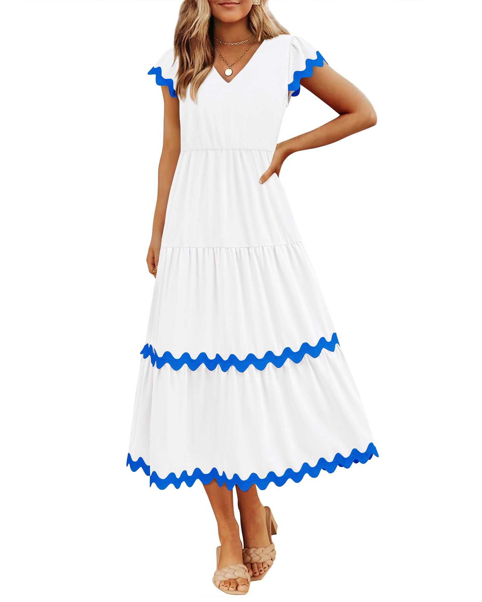 BTFBM Women's Flowy V-Neck Cap Sleeve Midi Dress with Pockets - Spring Summer Beach Vacation Dress 2025 - Perfect for Seaside Getaways, Garden Parties & Casual Outings