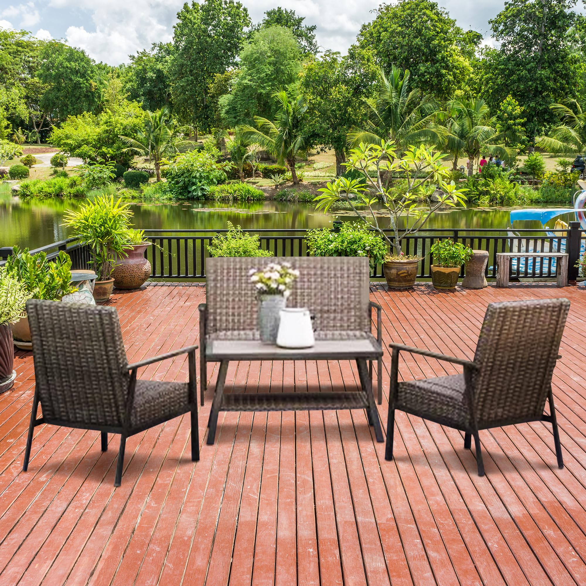 Nantucket 4-Piece All-Weather Outdoor Patio Furniture Set - 2 Chairs, Loveseat & Rectangular Table in Brown - Perfect for Backyard, Poolside & Garden Relaxation