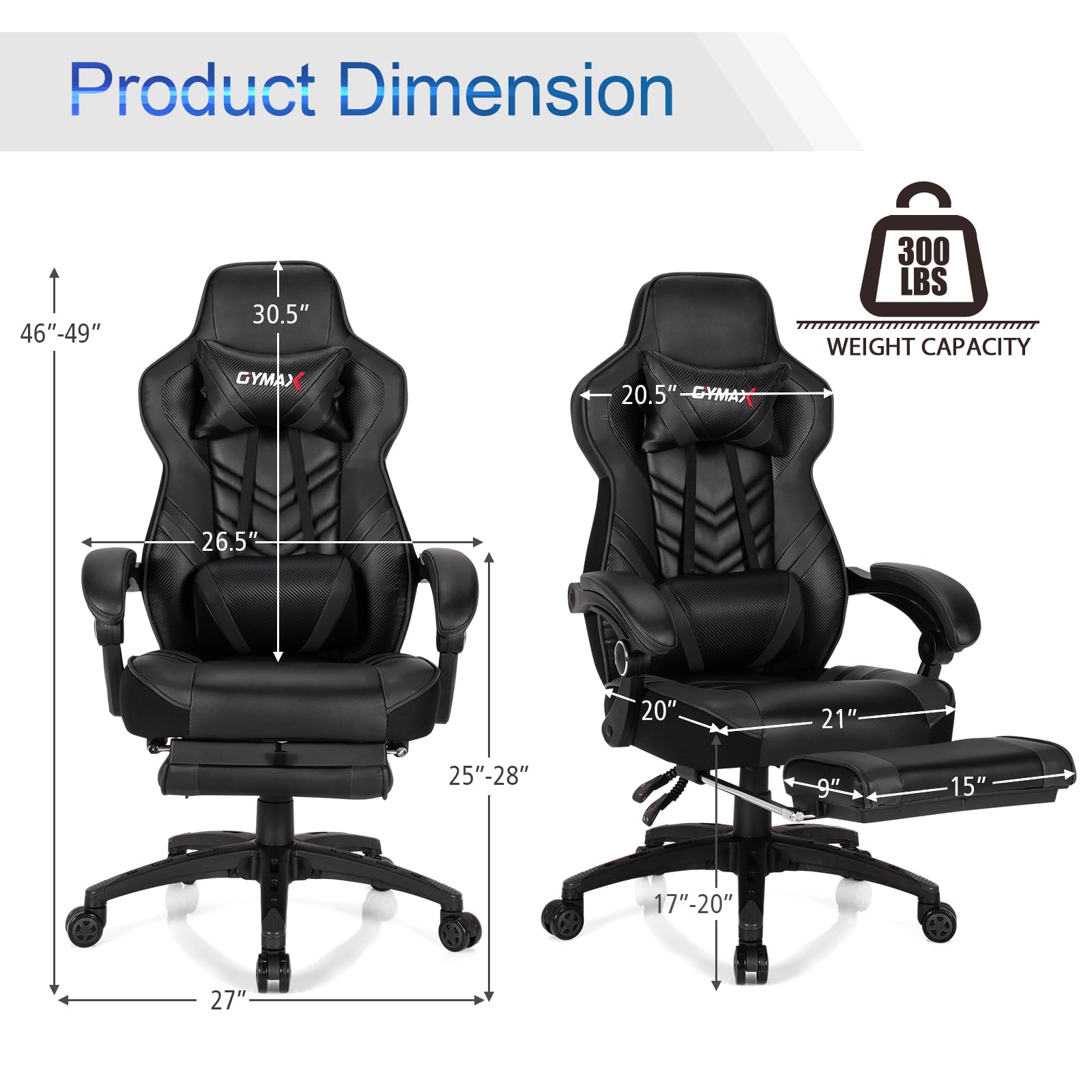 POWERSTONE Ergonomic Gaming Chair - Adjustable Racing Style PU Leather Computer Chair with Lumbar Support & Footrest - Black - Perfect for Esports, Office Work & Home Gaming Setup