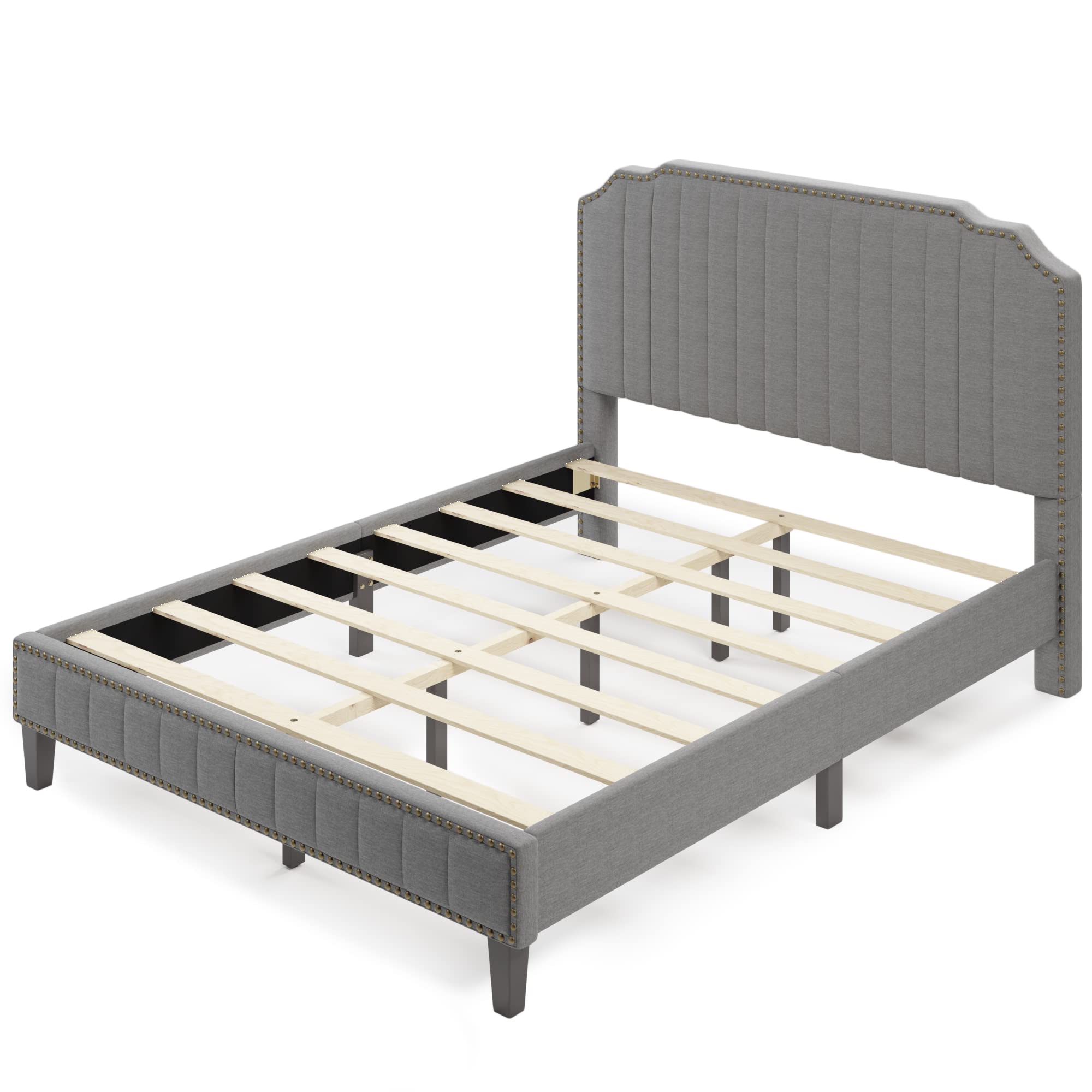 Modern Upholstered Full Size Platform Bed Frame with Solid Wood Structure - Grey Linen Fabric Headboard & Nailhead Trim - Perfect for Master Bedroom, Guest Room & Apartment Sleeping
