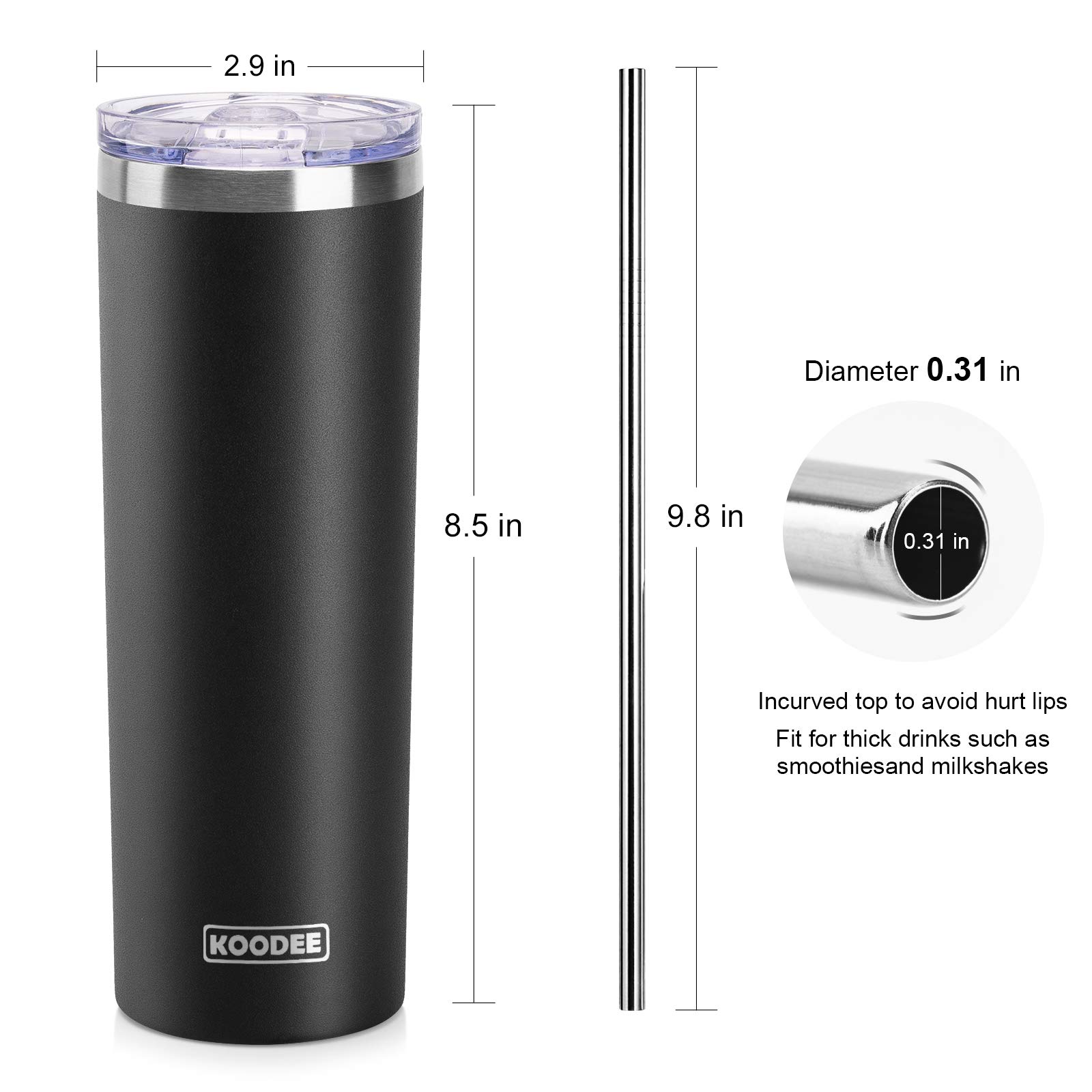 **Koodee 20 oz Slim Stainless Steel Tumbler - Double Wall Insulated Skinny Water Cup with Lid, Straw & Cleaning Brush (Black) - Perfect for Travel, Gym & Office Hydration**