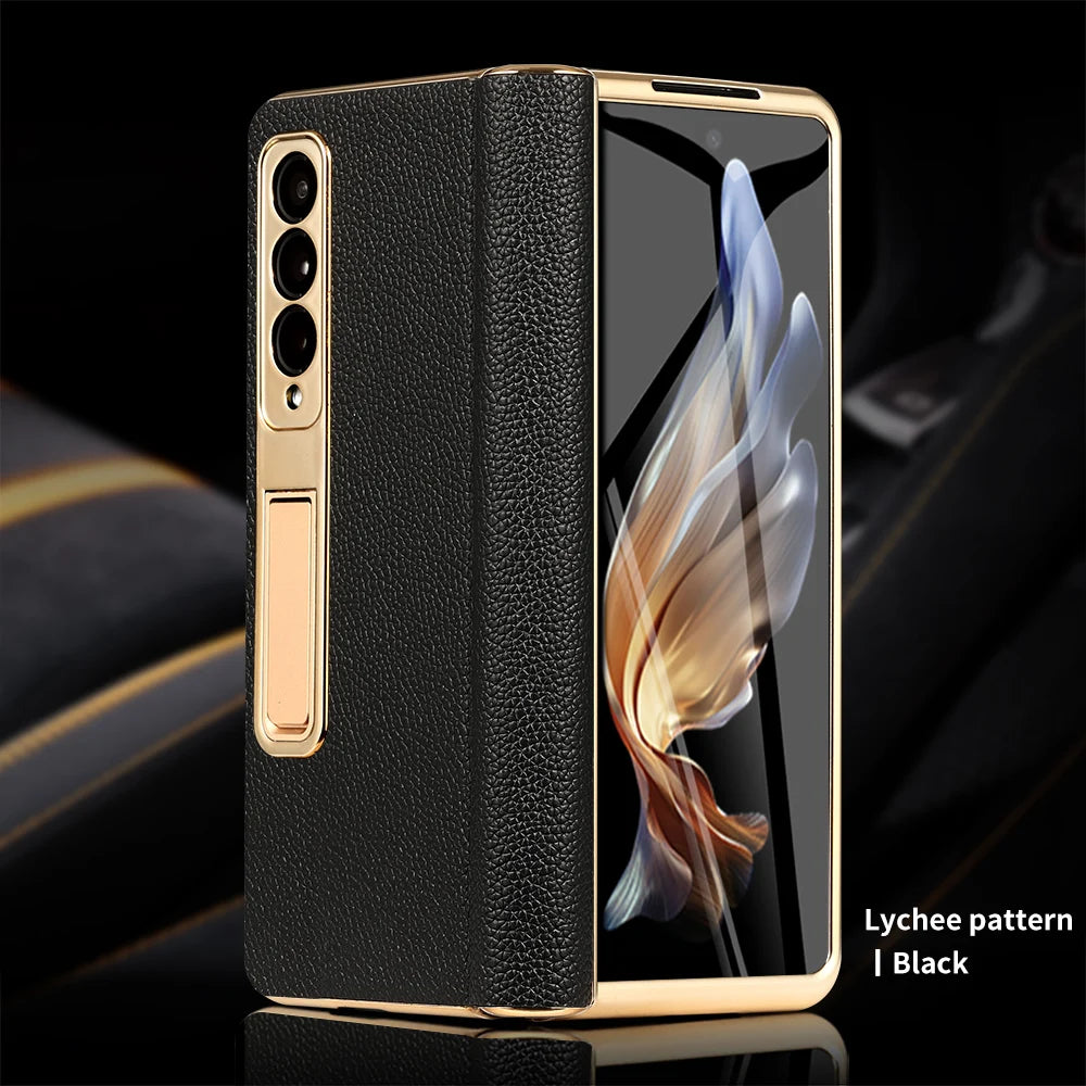 Premium Real Leather Phone Case for Samsung Galaxy Z Fold 6 with Hinge Kickstand - Slim Protective Cover for Work, Travel & Everyday Use