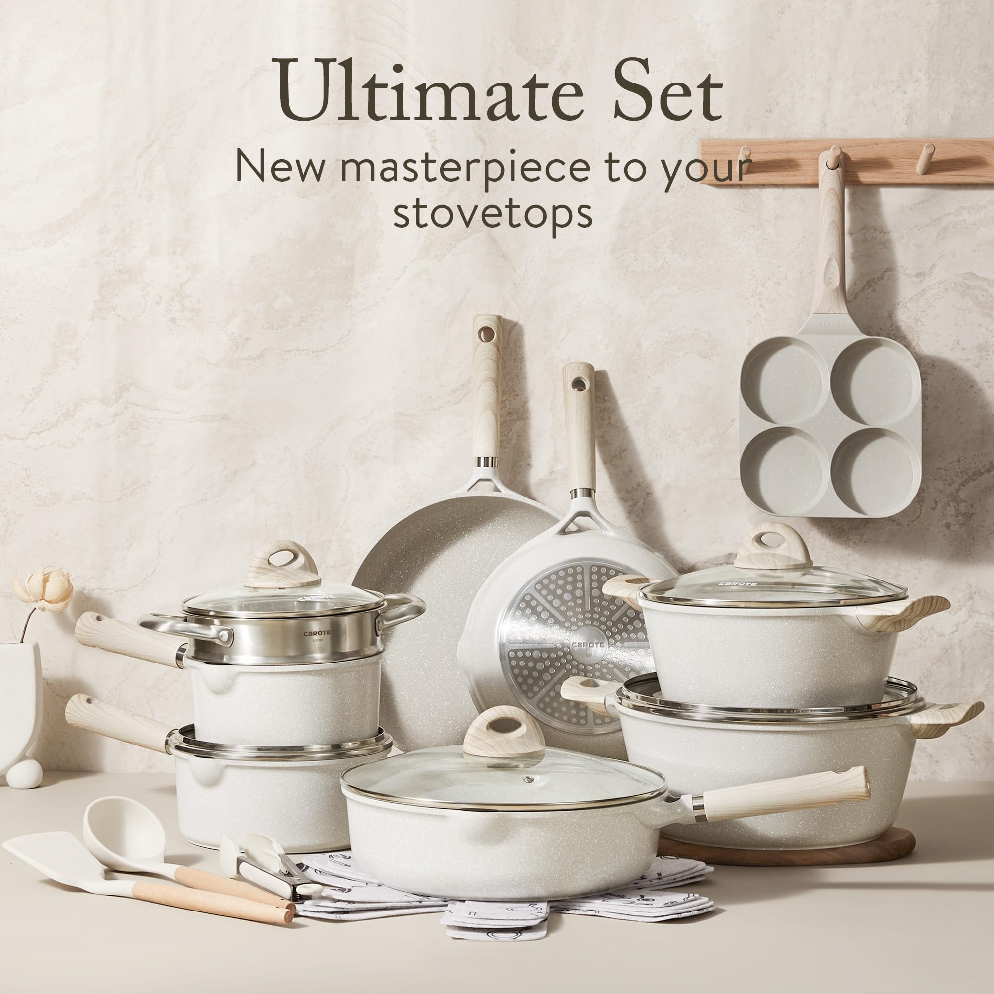 CAROTE 21-Piece Nonstick Pots and Pans Set - White Granite Induction Cookware with Frying Pans & Saucepans (PFOS & PFOA Free) - Perfect for Home Cooking, Family Meals & Professional Kitchens
