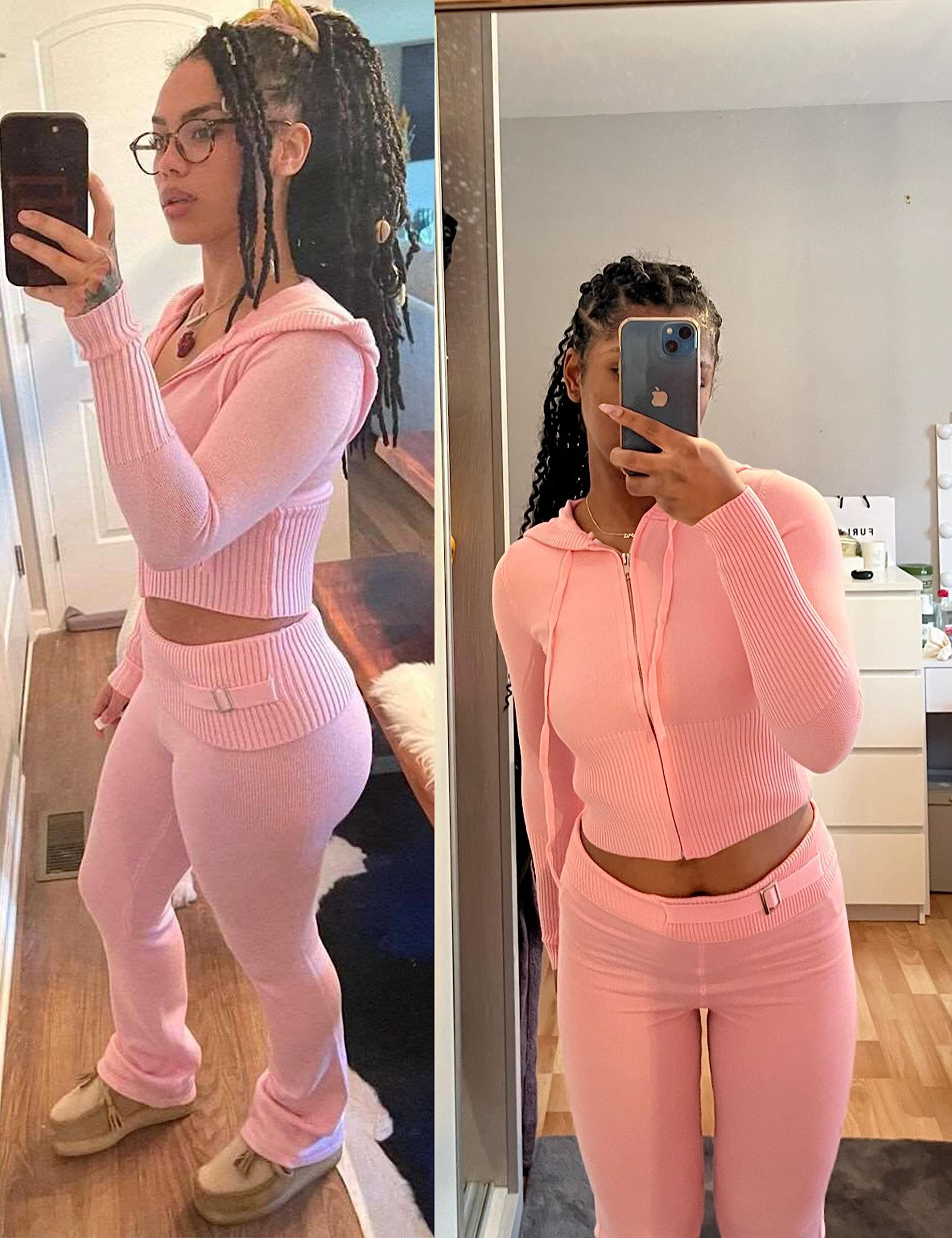 Springrain Women's 2-Piece Sweater Set - Ribbed Zip Hoodie & Knit Lounge Outfit for Casual Wear, Home Comfort & Street Style Fashion