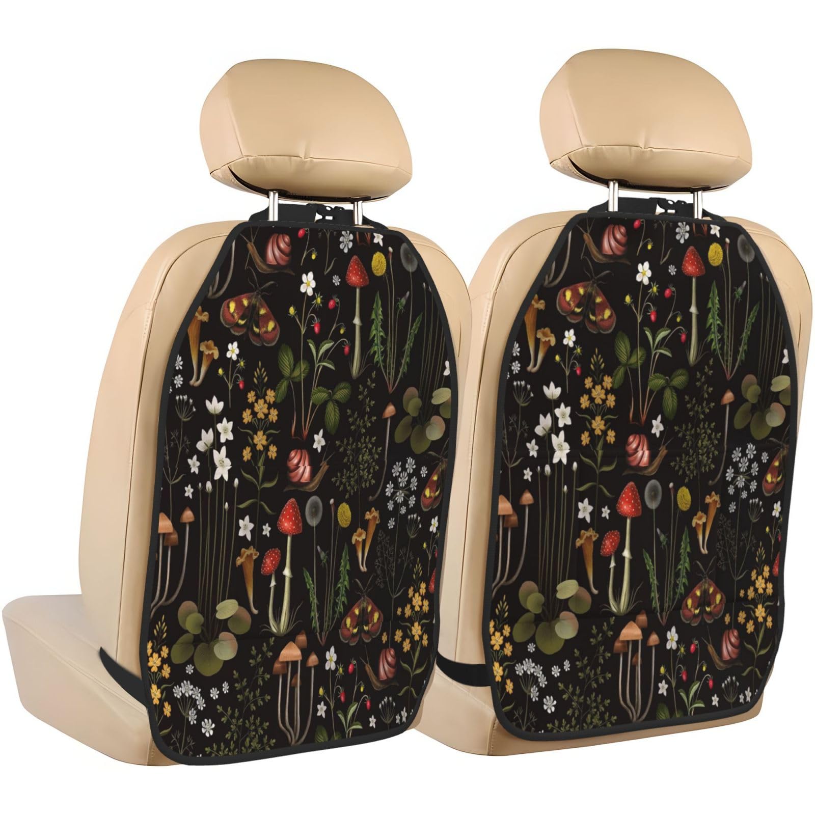 Mushroom Kick Mat Back Seat Protector for Kids - 2 Pack Car Seat Cover Organizer with 3 Storage Pockets, Universal Vehicle Interior Accessories - Perfect for Family Road Trips & Daily Commutes