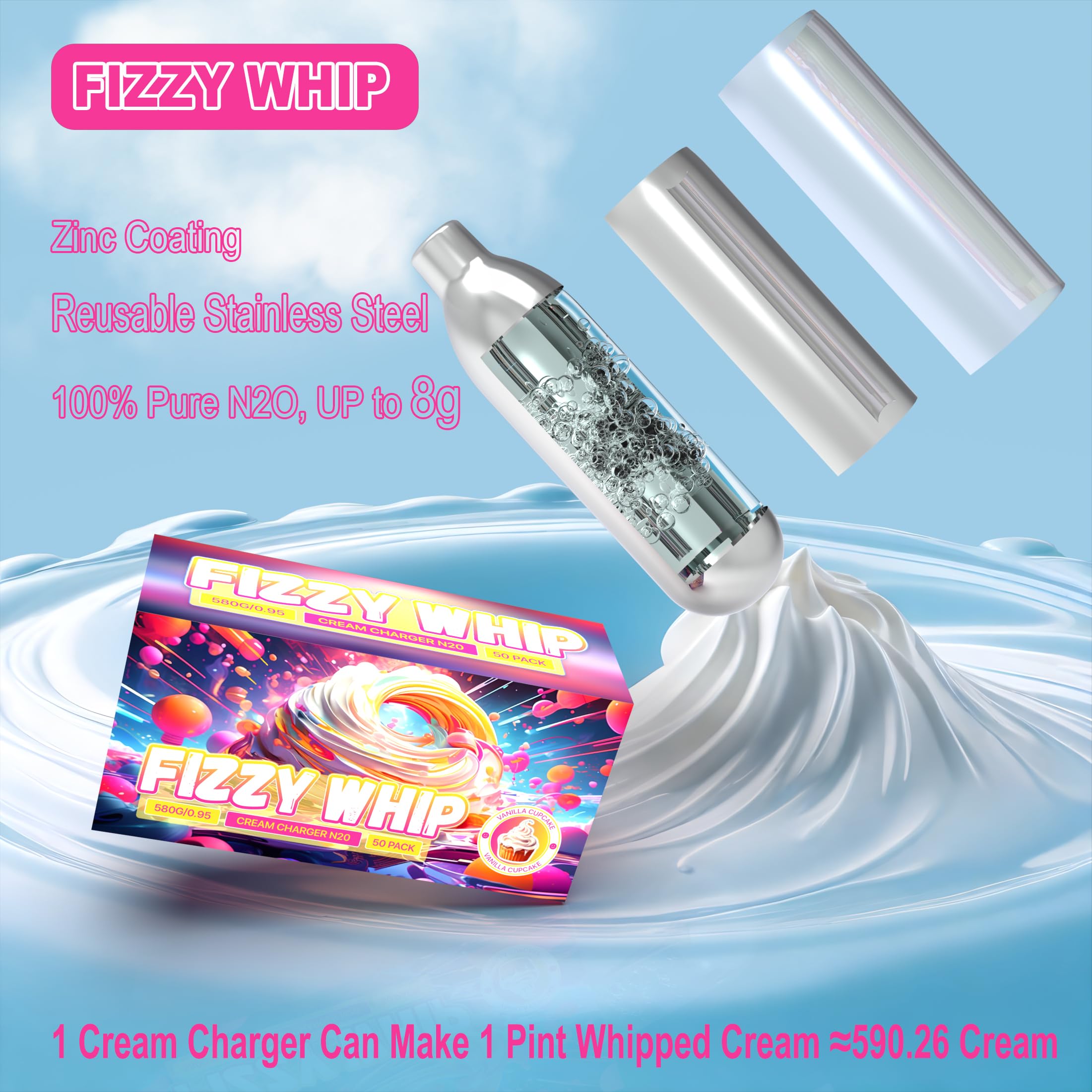 Premium N2O Cream Chargers 50 Pack - 8.5g Nitrous Oxide Cartridges for Whipped Cream Dispensers | Professional Grade for Desserts, Coffee Toppings & Cocktail Garnishes | Food Safe Whipper Chargers