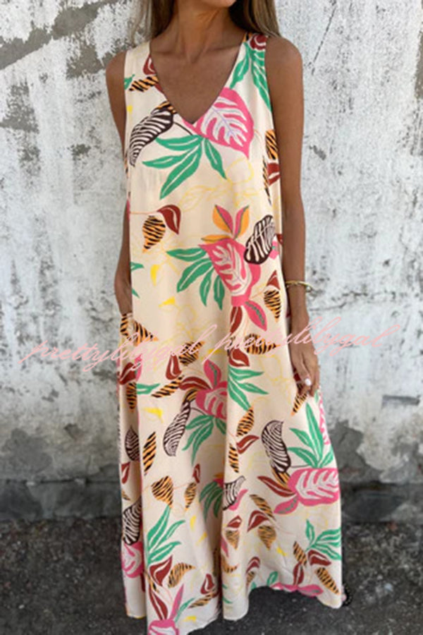 Floral Print V-Neck Pocket Loose Fit Casual Maxi Dress for Women | Summer Beach Vacation, Boho Chic Outfit, Outdoor Party Wear
