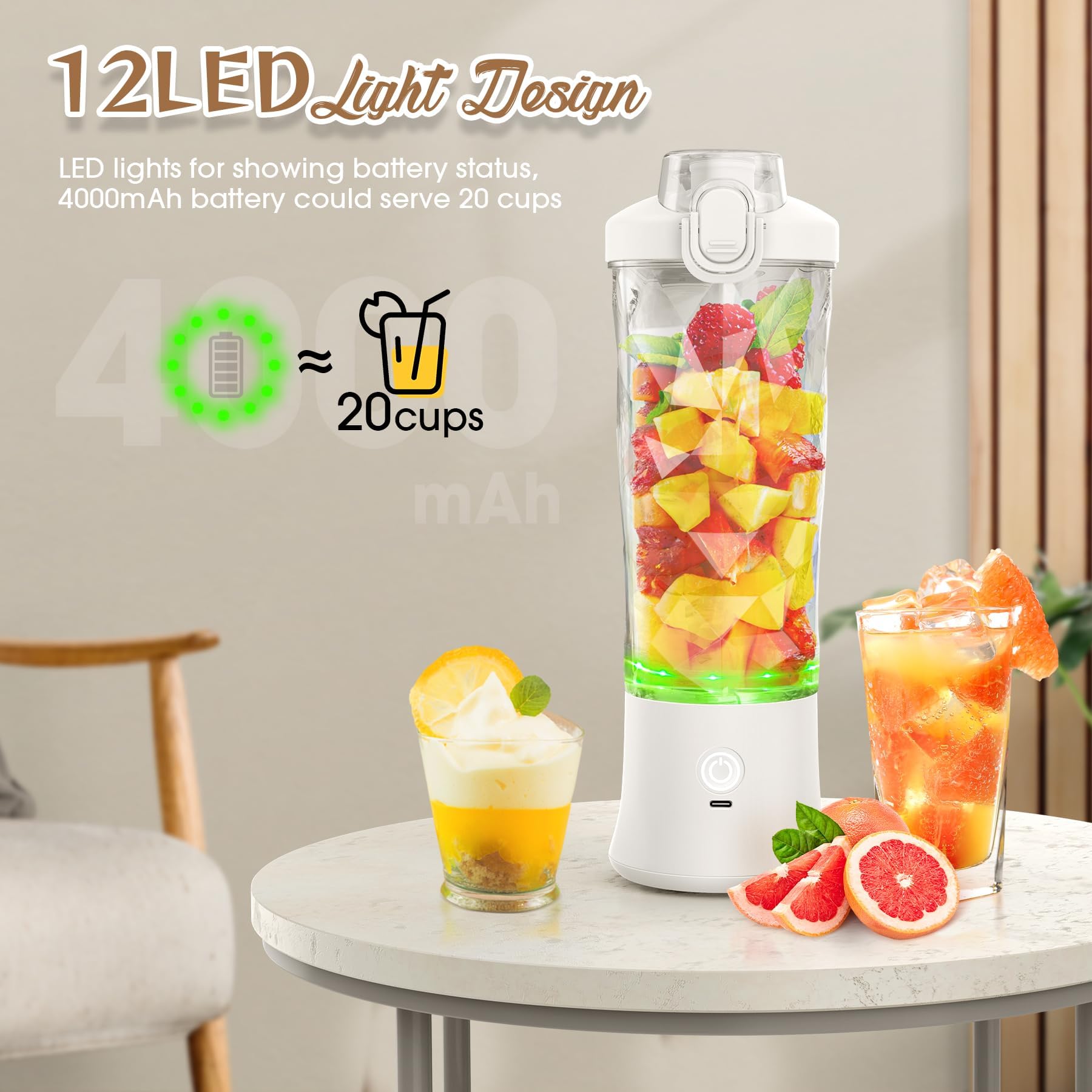 Portable USB Rechargeable Blender - 20oz Mini Personal Blender for Smoothies, Protein Shakes & Juices | Compact Travel Blender Cup with Leak-Proof Lid | Perfect for Home, Gym, Office & Outdoor Activities (White)