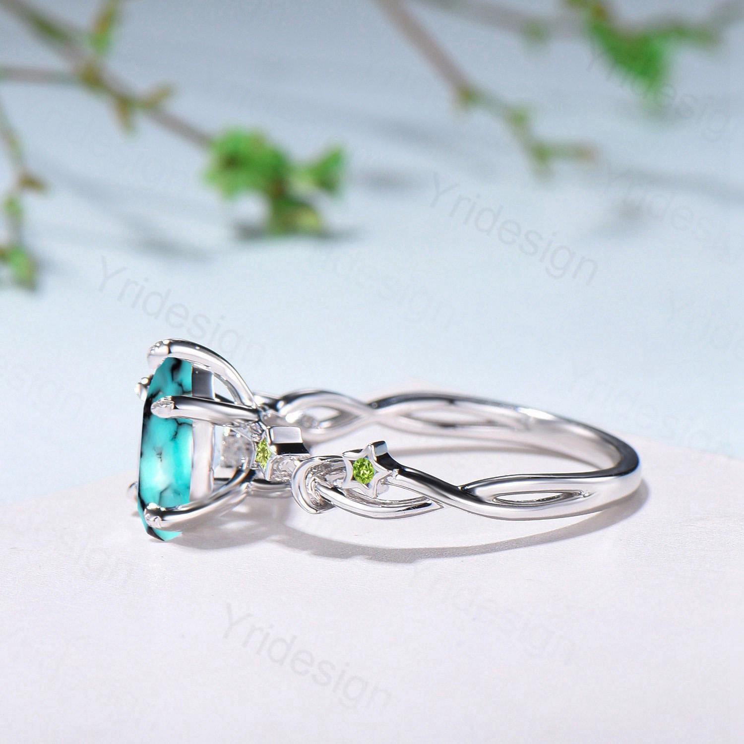 Vintage Art Deco 14K White Gold Pear Shaped Turquoise Engagement Ring with Moon Star Peridot - Split Shank Wedding & Anniversary Ring for Women - Perfect for Bridal Jewelry, Proposal Gifts & Special Occasions