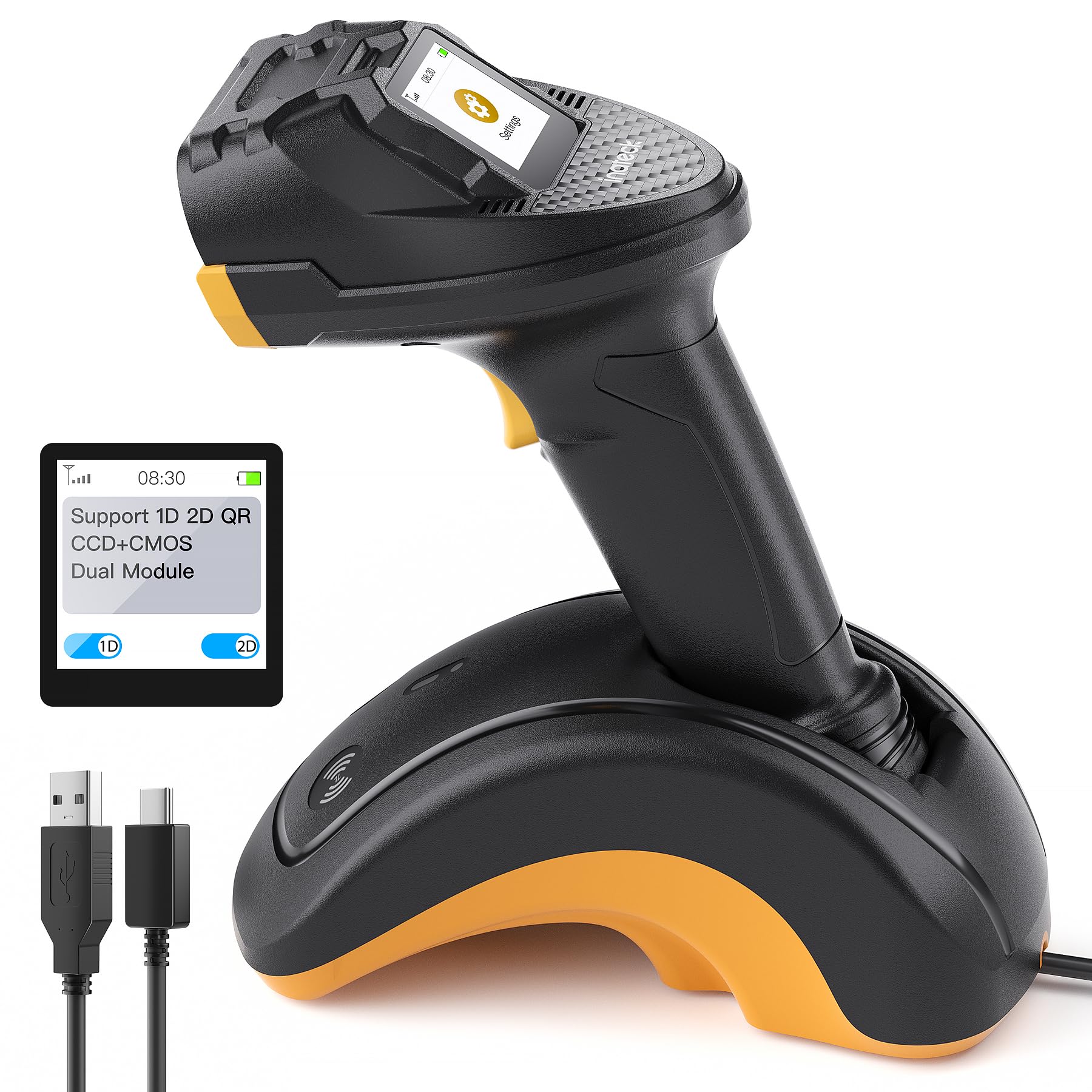 Inateck Wireless Bluetooth Barcode Scanner - 2D/1D Handheld QR Code Reader with Touchscreen & Smart Base | CMOS+CCD Dual Modules | Extended Scanning Range | App SDK Support | Model P8 | Perfect for Retail Stores, Warehouses, and Inventory Management