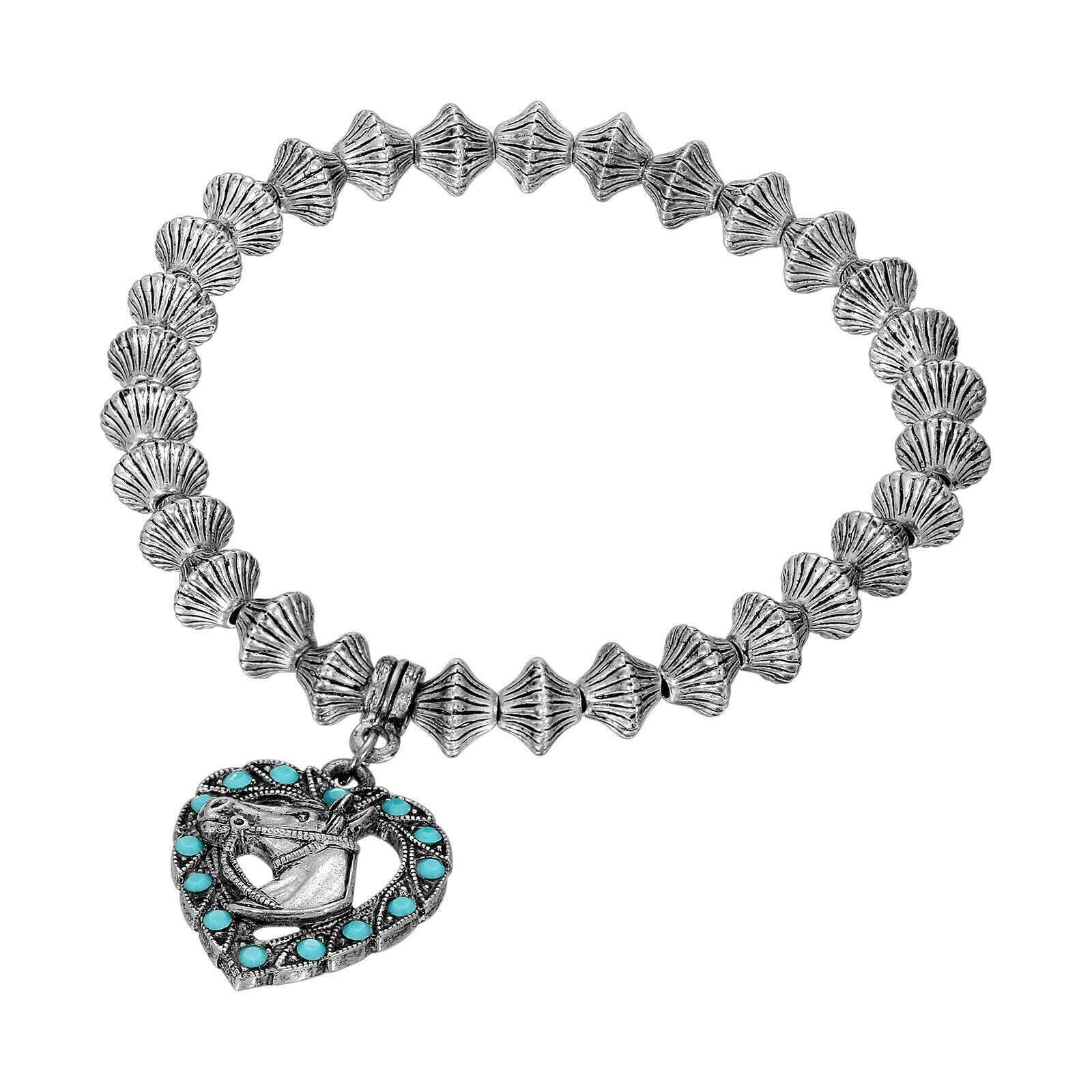 1928 Jewelry Heart Horse Head Turquoise Crystal Lantern Bead Stretch Bracelet for Women - Boho Chic Stretchy Beaded Wristband for Casual Wear, Party & Gift Giving