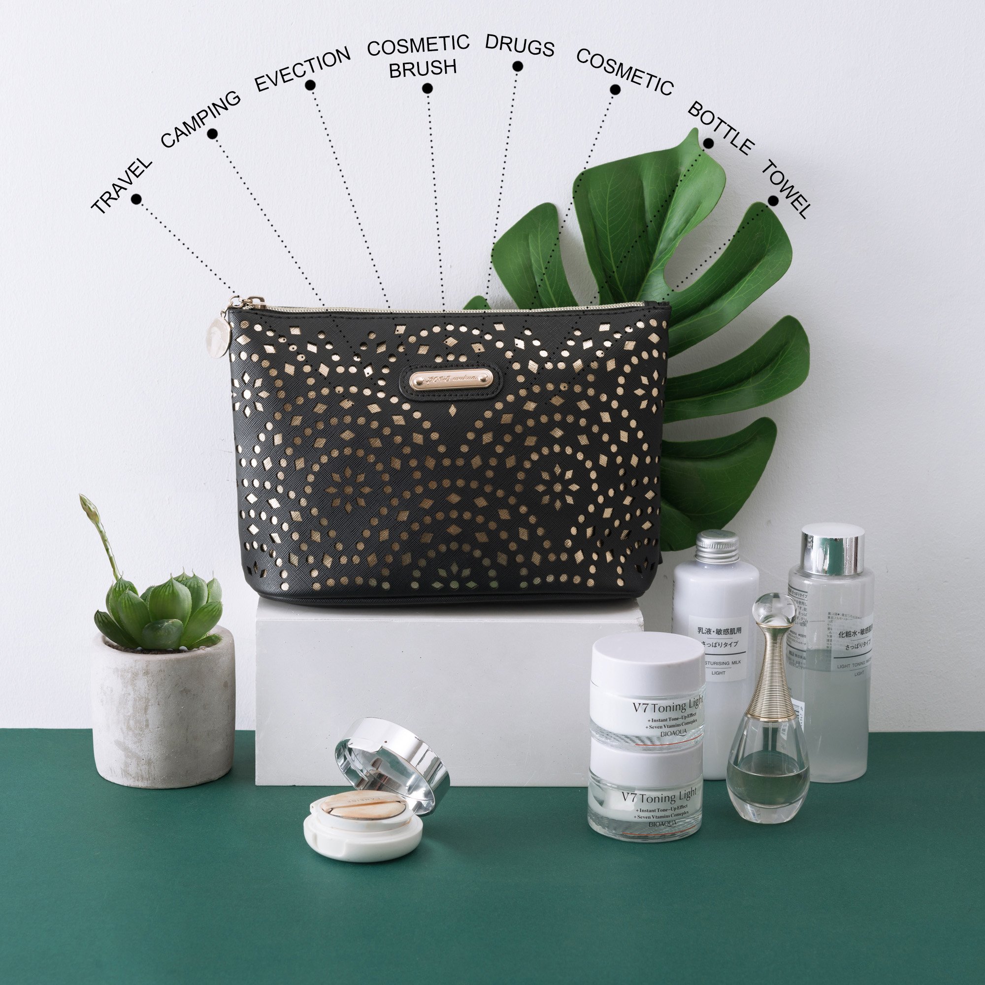 Black Makeup Bag with Gold Pattern & Zipper - Women's Travel Toiletry Organizer for Cosmetics, Brushes & Jewelry Accessories (Perfect for Vacation, Gym & Daily Use)