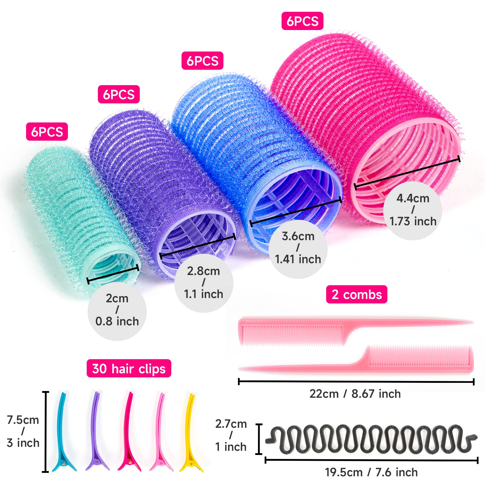 57pcs Self Grip Hair Rollers with Clips - Velcro Rollers for Volume & Curls - Large Jumbo Rollers for Long & Short Hair - Salon Quality Hair Curlers for Home Styling & Professional Use