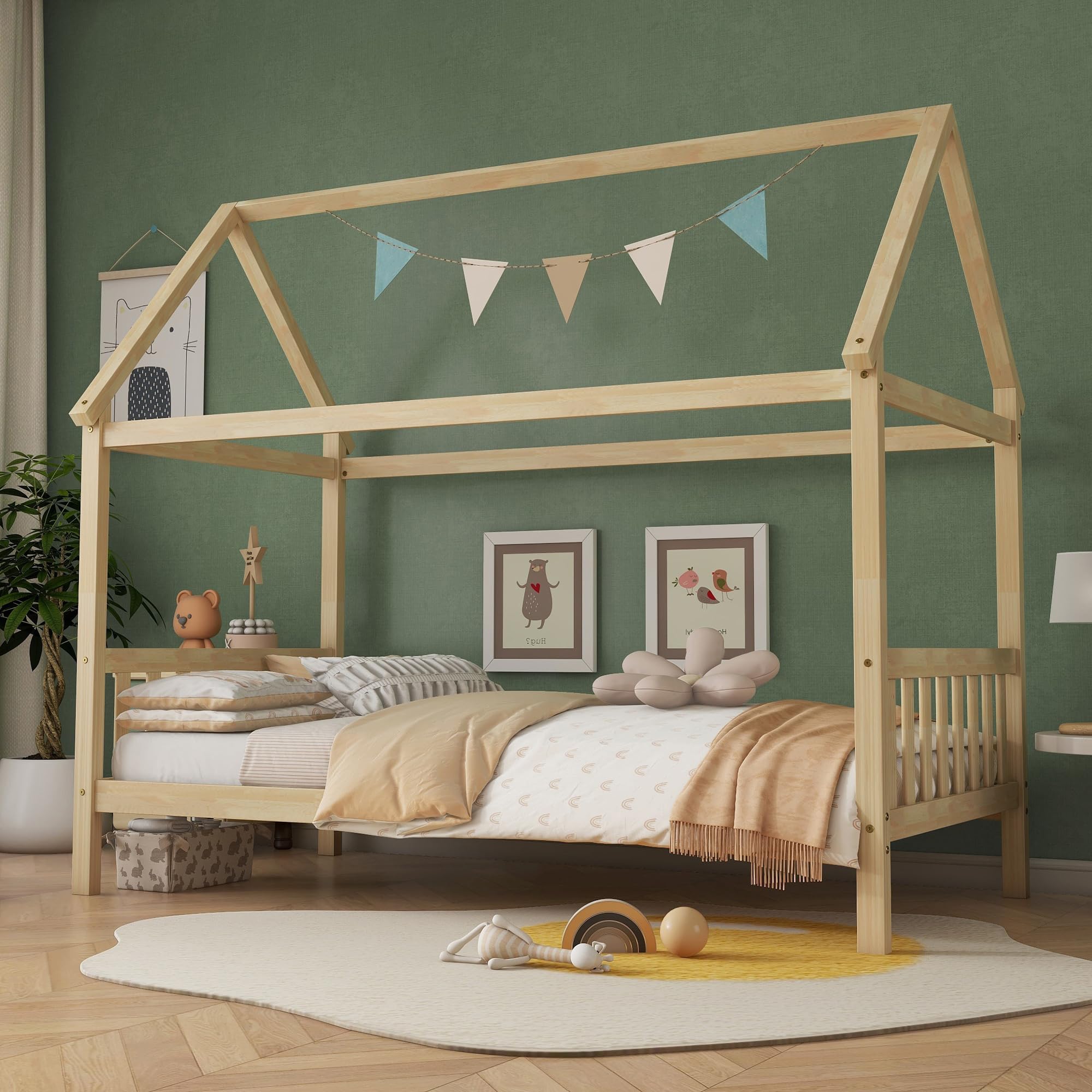 Montessori Twin Size House Bed for Kids - Solid Rubber Wood Platform Bed with Headboard, Footboard & Roof - Low Profile Bed Frame for Girls, Boys & Teens - Natural Wood Finish - Perfect for Bedrooms, Playrooms & Montessori Learning Spaces
