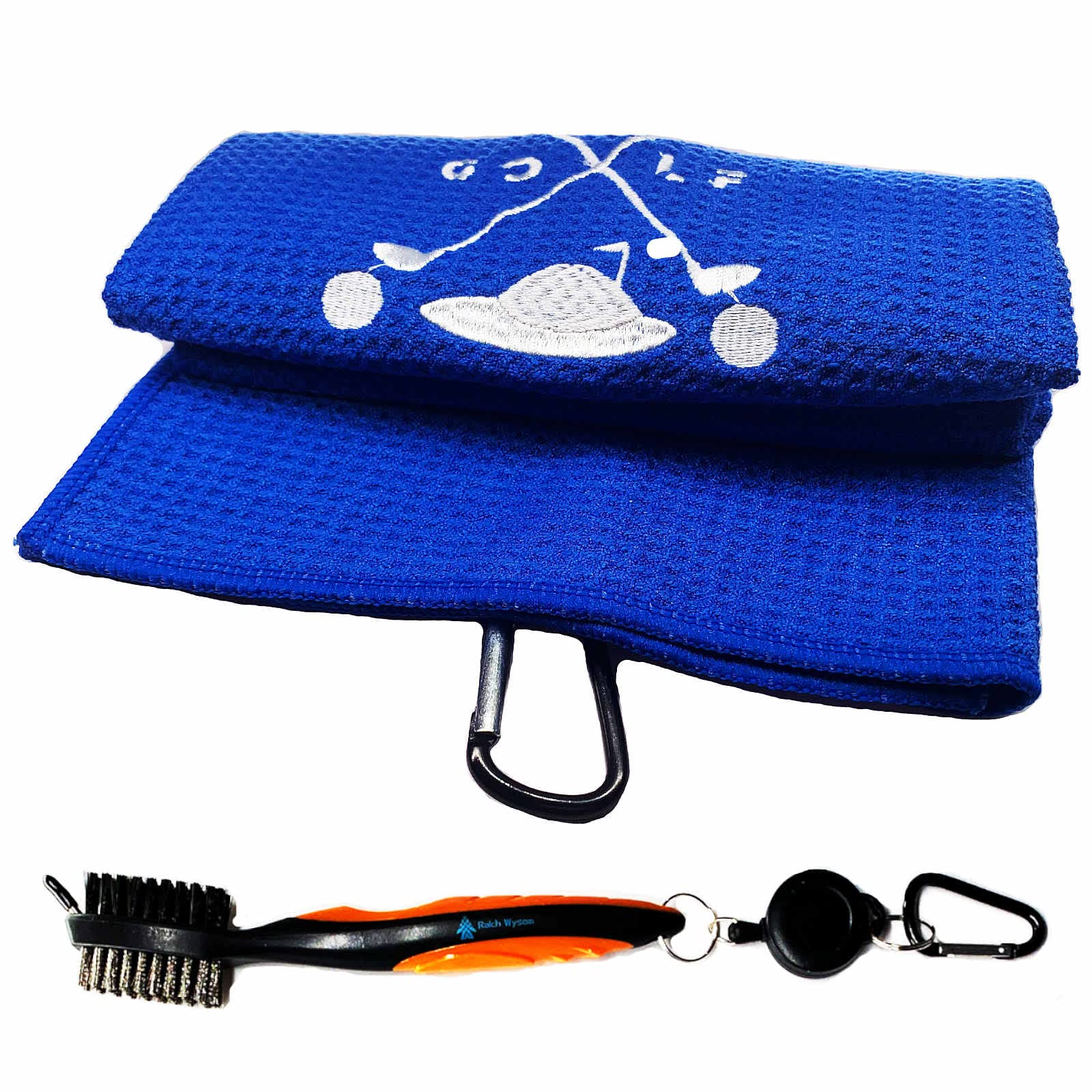 Premium Golf Towels with Elegant Embroidery & Clip Brush - Microfiber Waffle Design for Sweat Absorption & Club Cleaning - Ideal Gift for Men & Women Golfers - Perfect for Golf Courses, Driving Ranges & Practice Sessions (Blue)