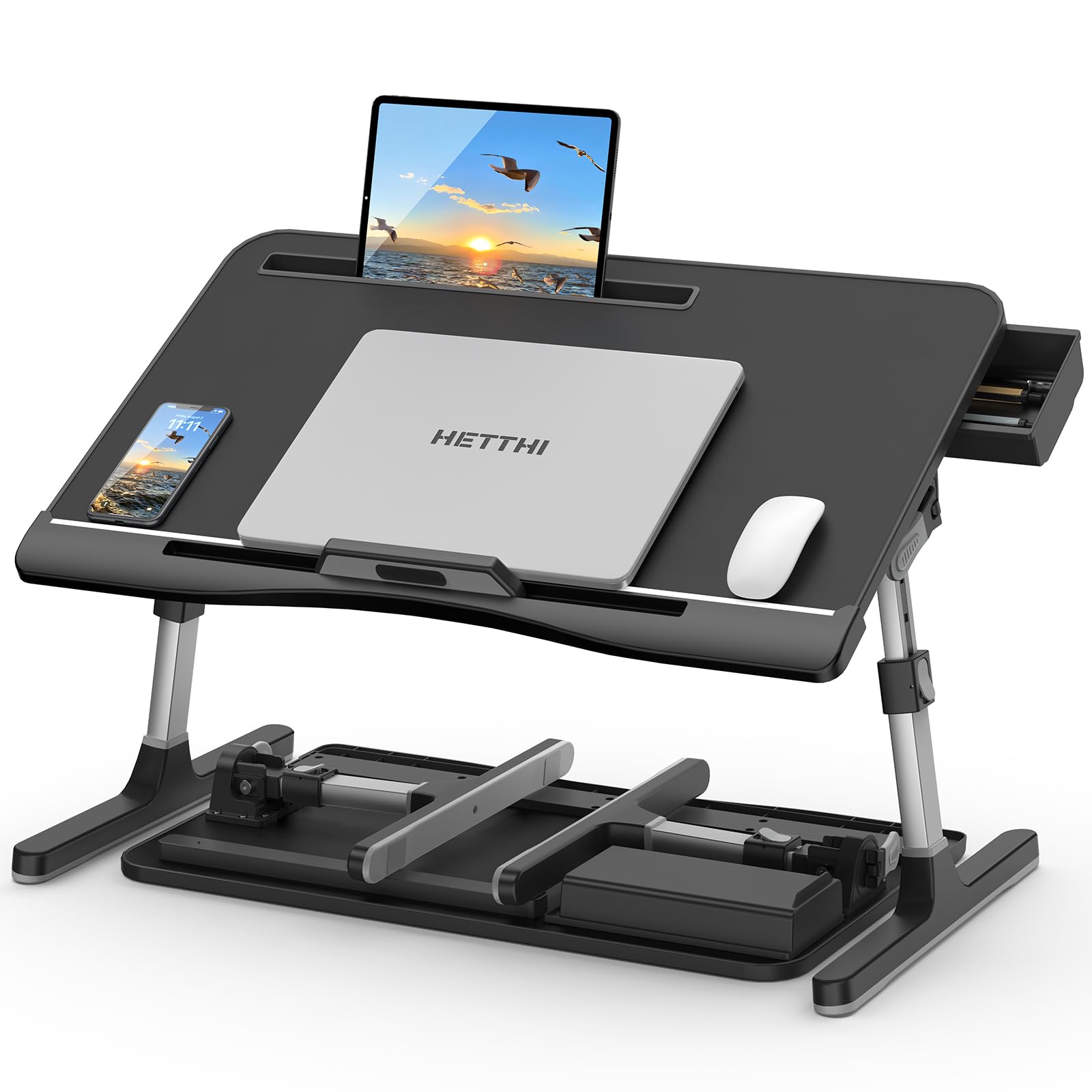 Adjustable Laptop Bed Desk Tray - Foldable & Sturdy Portable Lap Stand for Working, Reading, Eating & Painting - Premium Materials (Black, 23.6