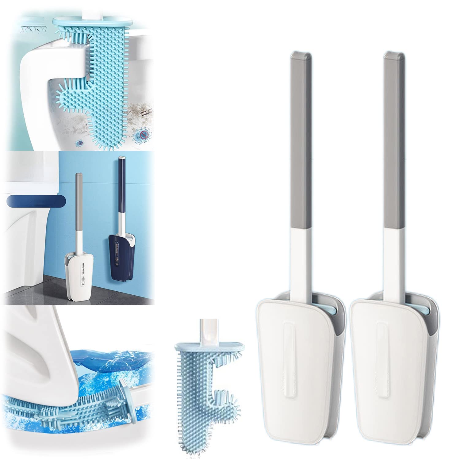 2 Pack No Dead Corner Cactus Toilet Brush Set - Soft Silicone Long Handle Bathroom Cleaning Brush with Wall Mount Holder - Flexible Toilet Scrubber for Deep Cleaning - Perfect for Small Bathrooms & Tight Spaces