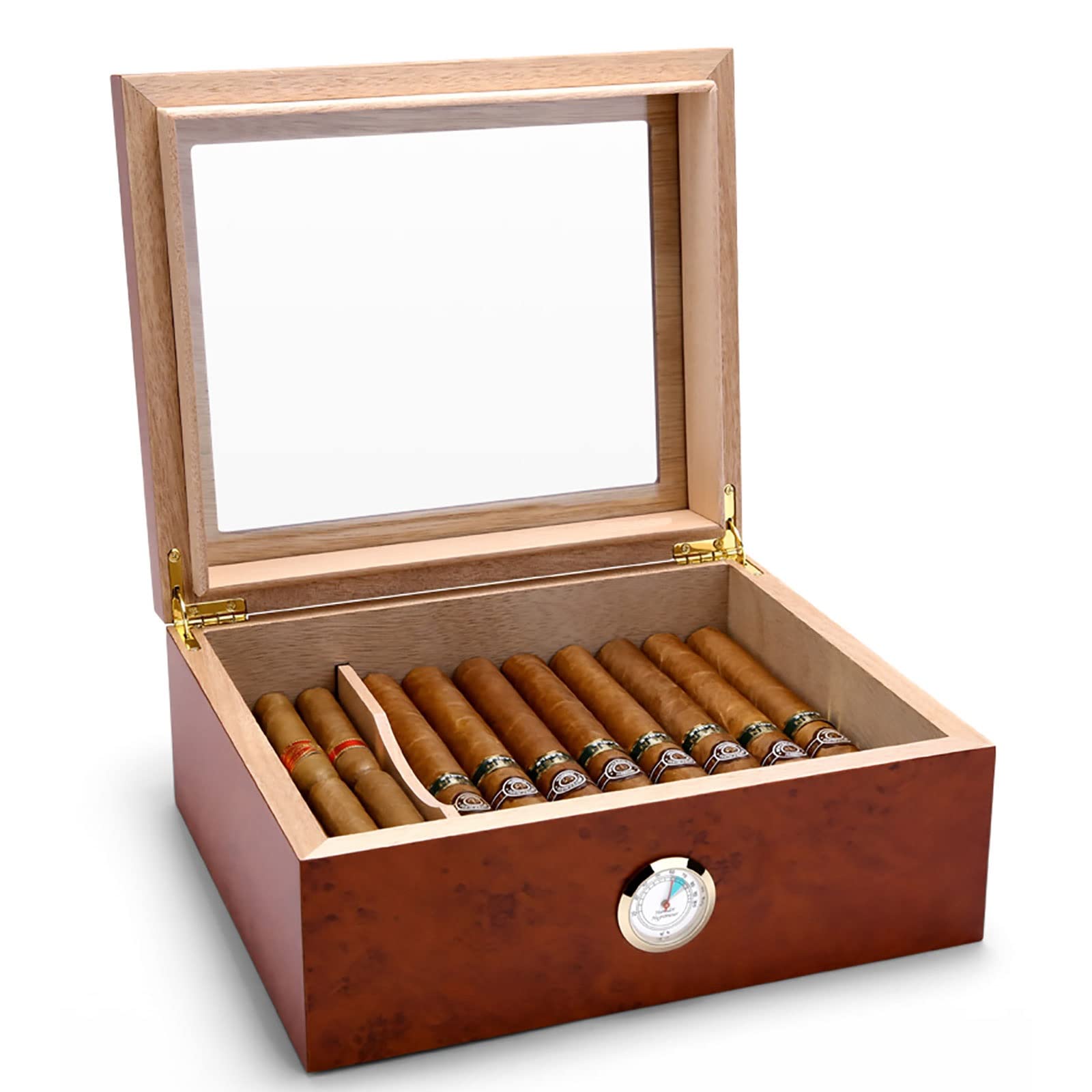 Premium Glass Top Cigar Humidor with Hygrometer & Humidifier - Cedar Wood Desktop Storage Case Holds 20-30 Cigars - Perfect for Home, Office or Gifts for Cigar Enthusiasts
