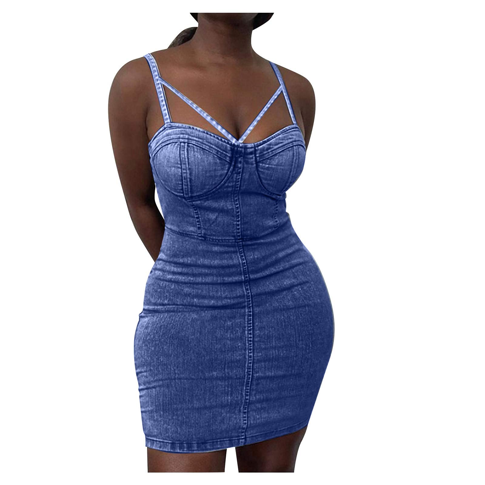 Haozin Women's Sexy Denim Bodycon Dress - Spaghetti Strap Butt Lifting Summer Dress | Perfect for Beach Parties, Date Nights & Club Outings