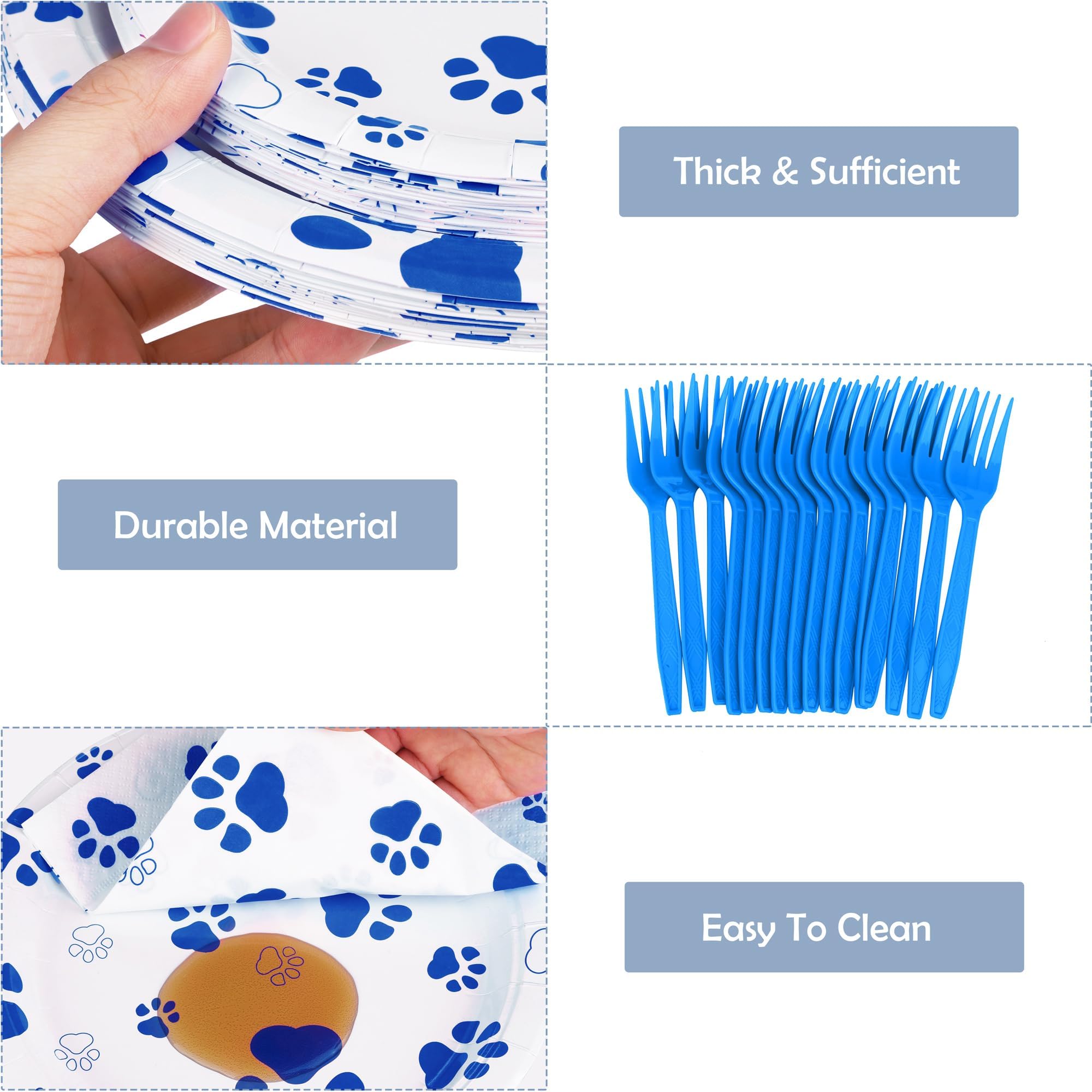 72-Piece Dog Paw Print Birthday Party Supplies Set - 32 Plates, 24 Napkins & 16 Forks | Blue Puppy Theme Party Decorations for Birthdays, Picnics, Baby Showers & Pet Celebrations