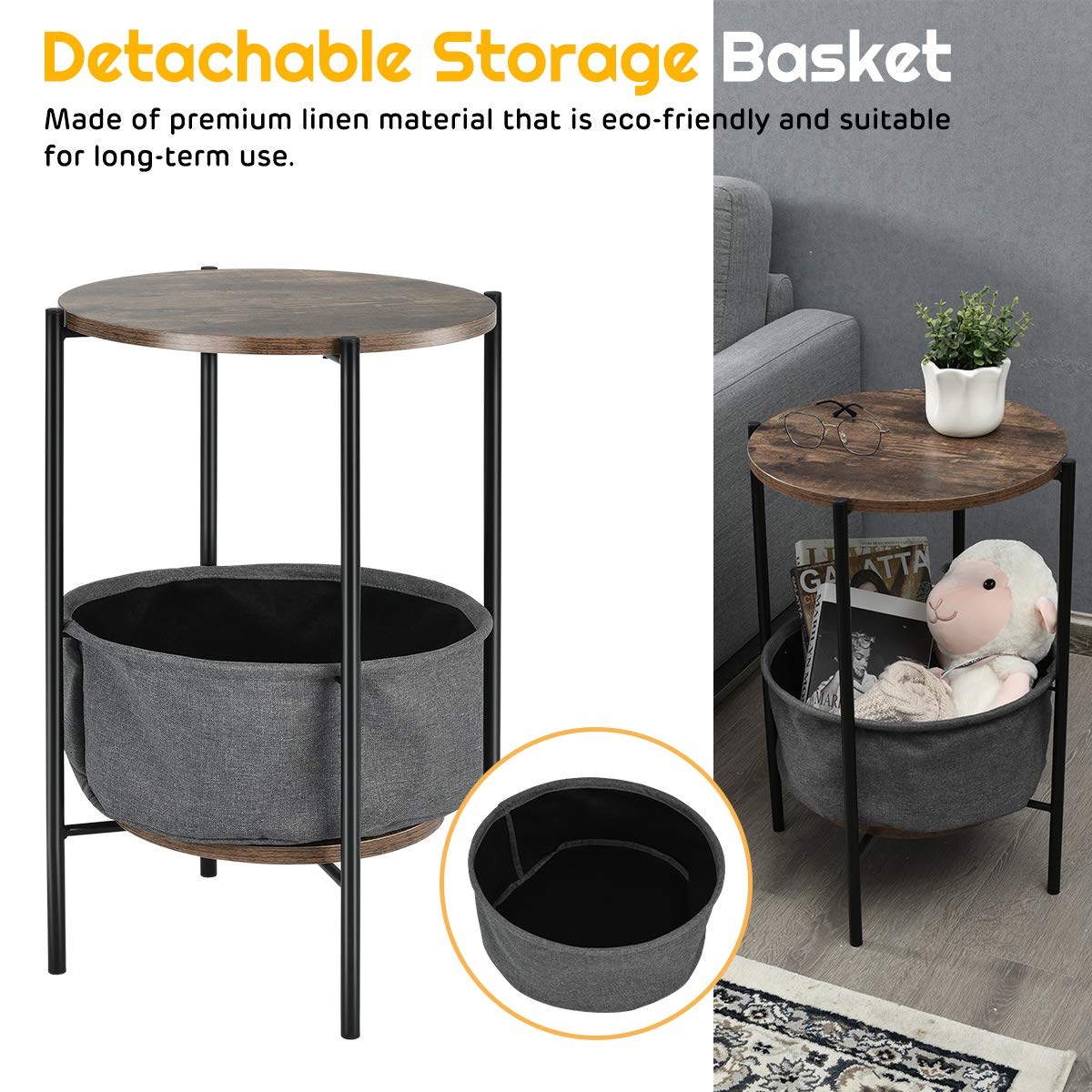 Giantex 2-Pack Round Side Table with Fabric Basket, Metal Frame & Wood Top - Multi-Functional Small Sofa Table for Living Room, Dorm, Bedroom - Grey | Perfect for Holding Books, Drinks, and Decor in Compact Spaces