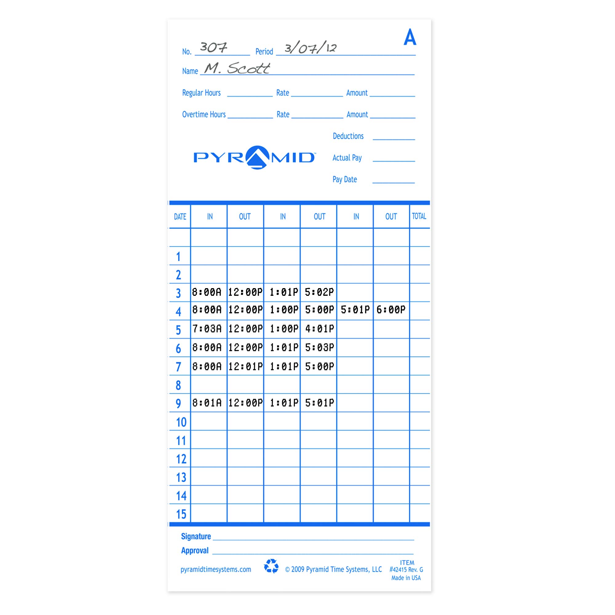 Pyramid Time Systems 42415MB 1000 Count Authentic Time Cards for 2600 & 2650 Time Clocks - Bulk Pack for Employee Time Tracking, Payroll Management & Office Attendance Systems