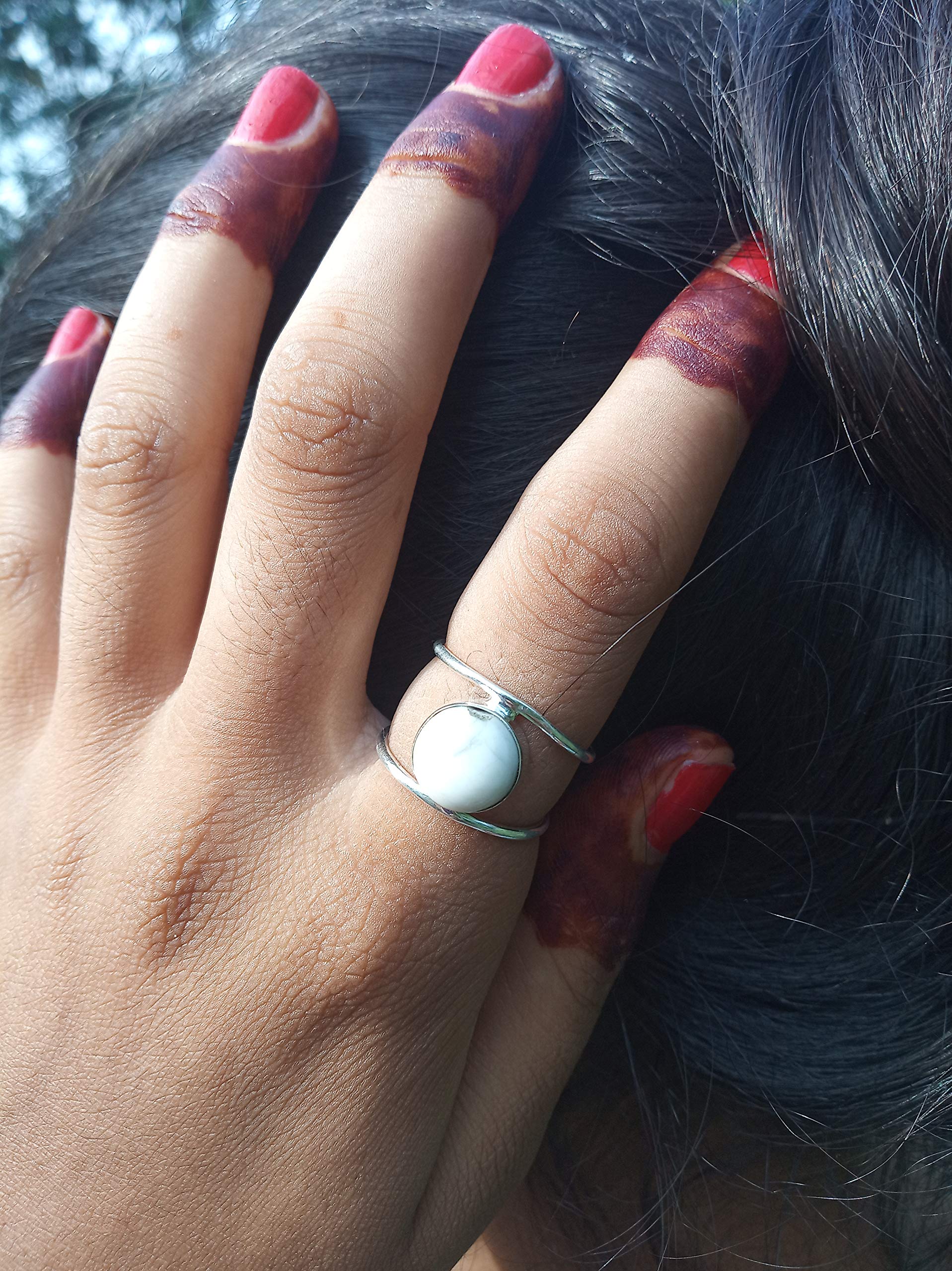 White Howlite Sterling Silver Double Band Bohemian Ring – Vintage Turquoise Howlite Gypsy Style Promise Ring for Women, Buffalo Jewelry, Bridesmaid Gift & Healing Crystal – Perfect for Boho Fashion, Spiritual Healing & Special Occasions