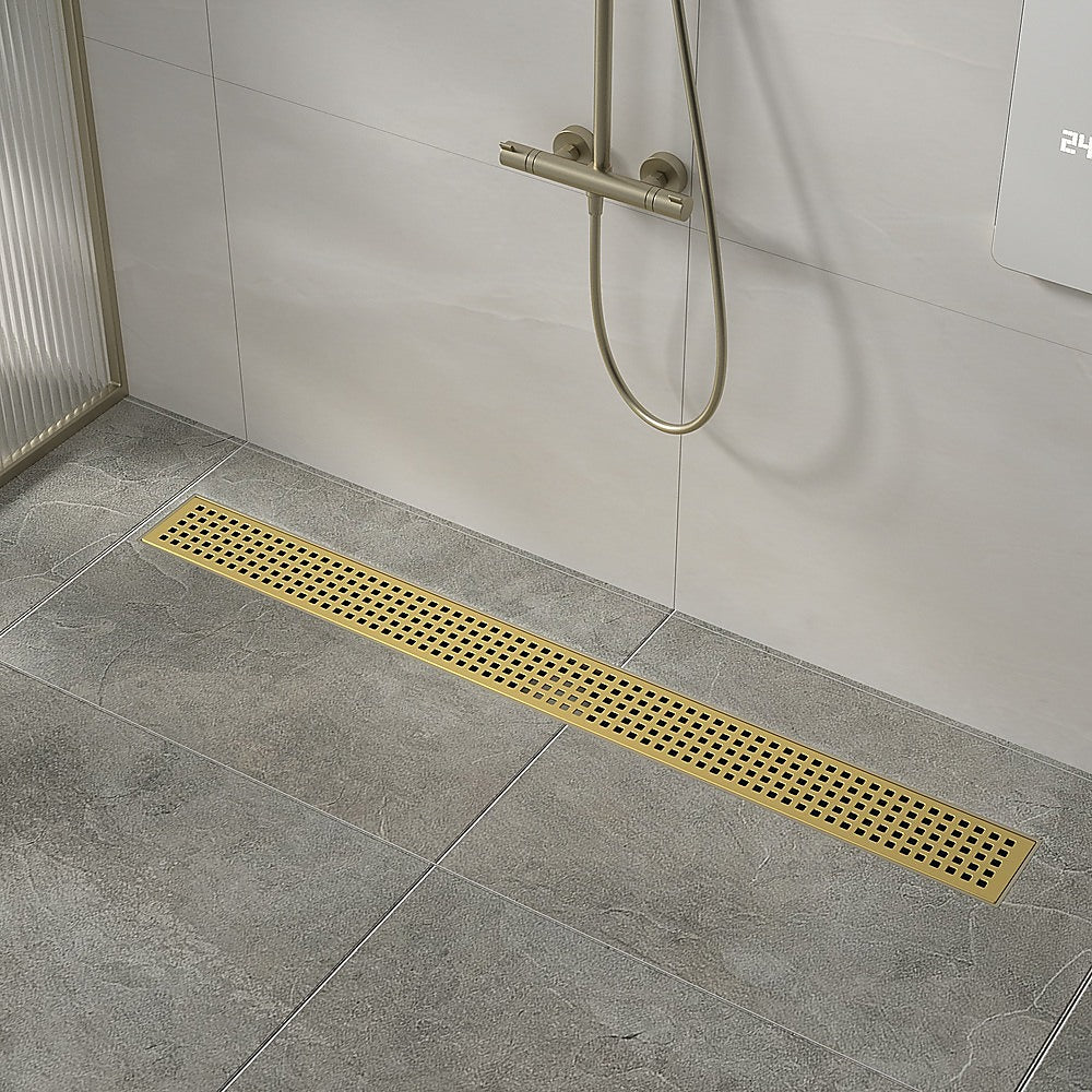 1200mm Brushed Brass Shower Drain Grate with Center Outlet - Square Pattern Floor Waste for Bathroom & Wet Room - Durable & Stylish Drainage Solution for Showers, Baths, and Wet Areas