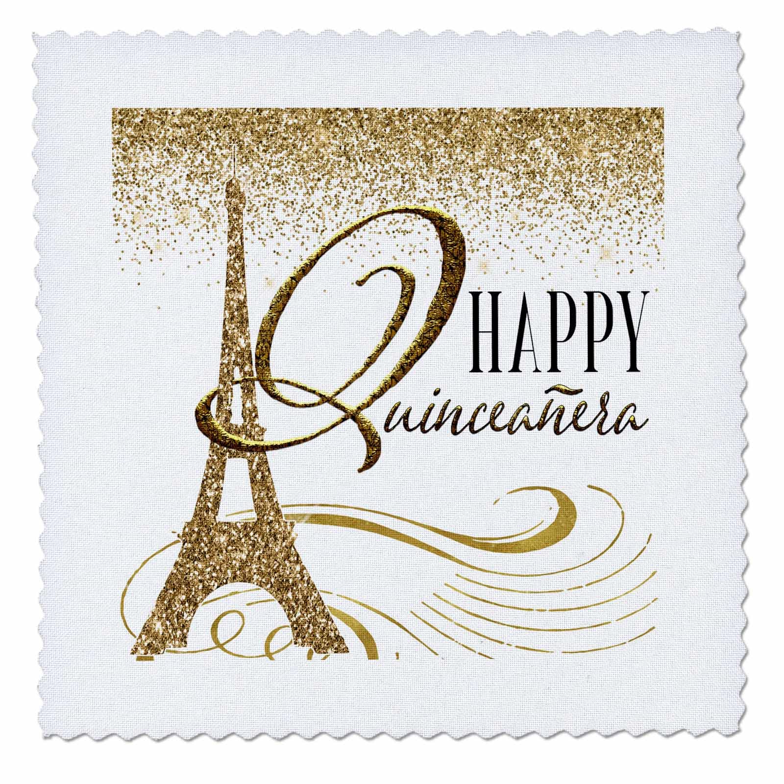 6x6 Inch Quilt Square - Happy Quinceañera Gold Eiffel Tower Design for DIY Scrapbooking, Memory Keepsake, and Birthday Party Decorations