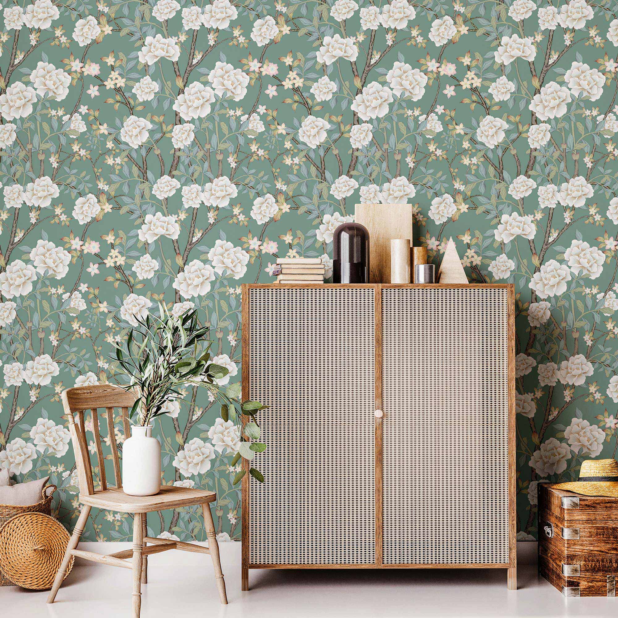 Green Flowers Peel and Stick Removable Wallpaper 2863 - Self-Adhesive Wall Decor for Bedroom, Living Room & Nursery - Easy DIY Home Decoration