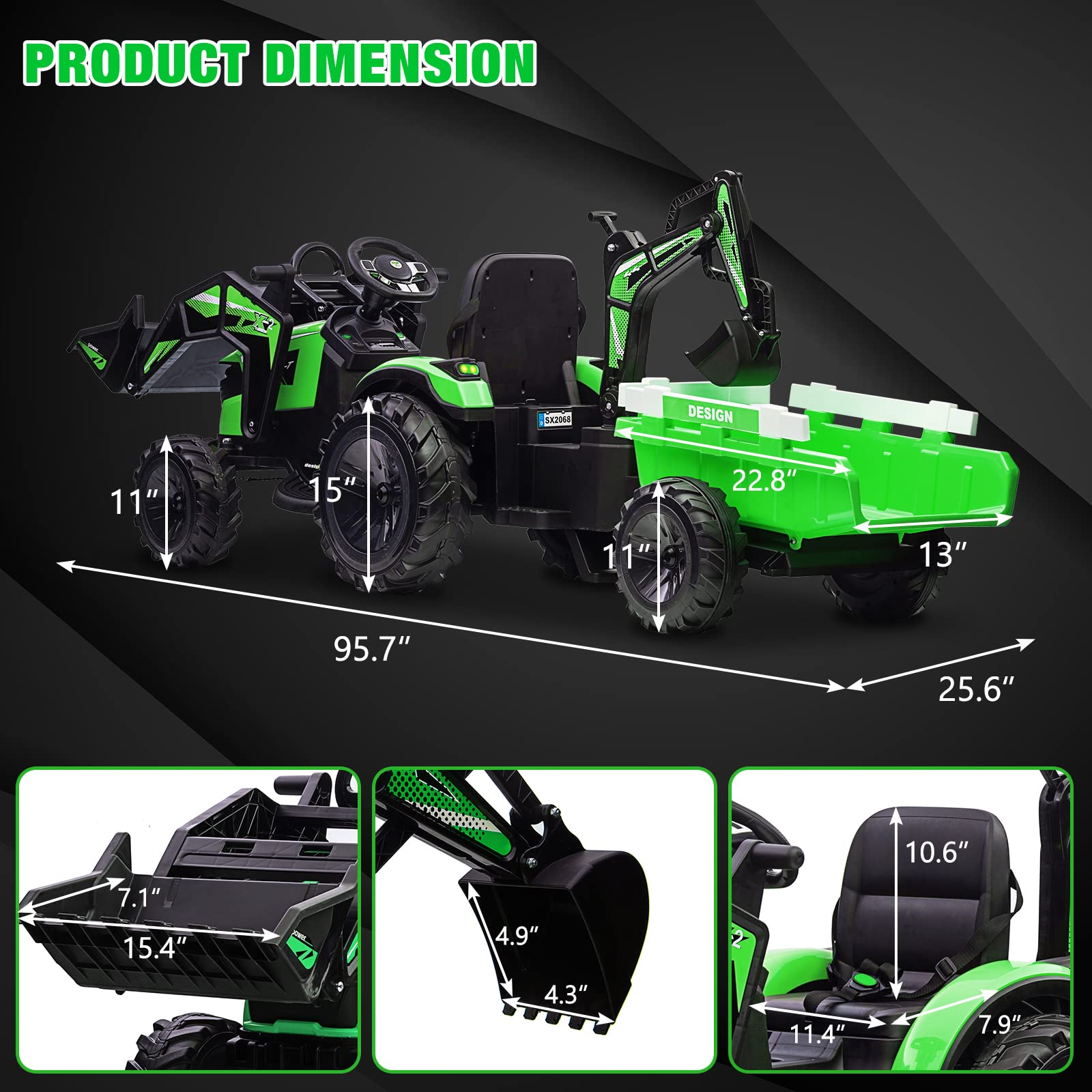 GARVEE 24V 3-in-1 Electric Ride On Tractor for Kids Ages 3-8 Years | Excavator & Bulldozer Toy with Remote Control, LED Lights, Music & Bluetooth | Max Weight 66 lbs | Perfect for Indoor & Outdoor Play, Birthday Gifts