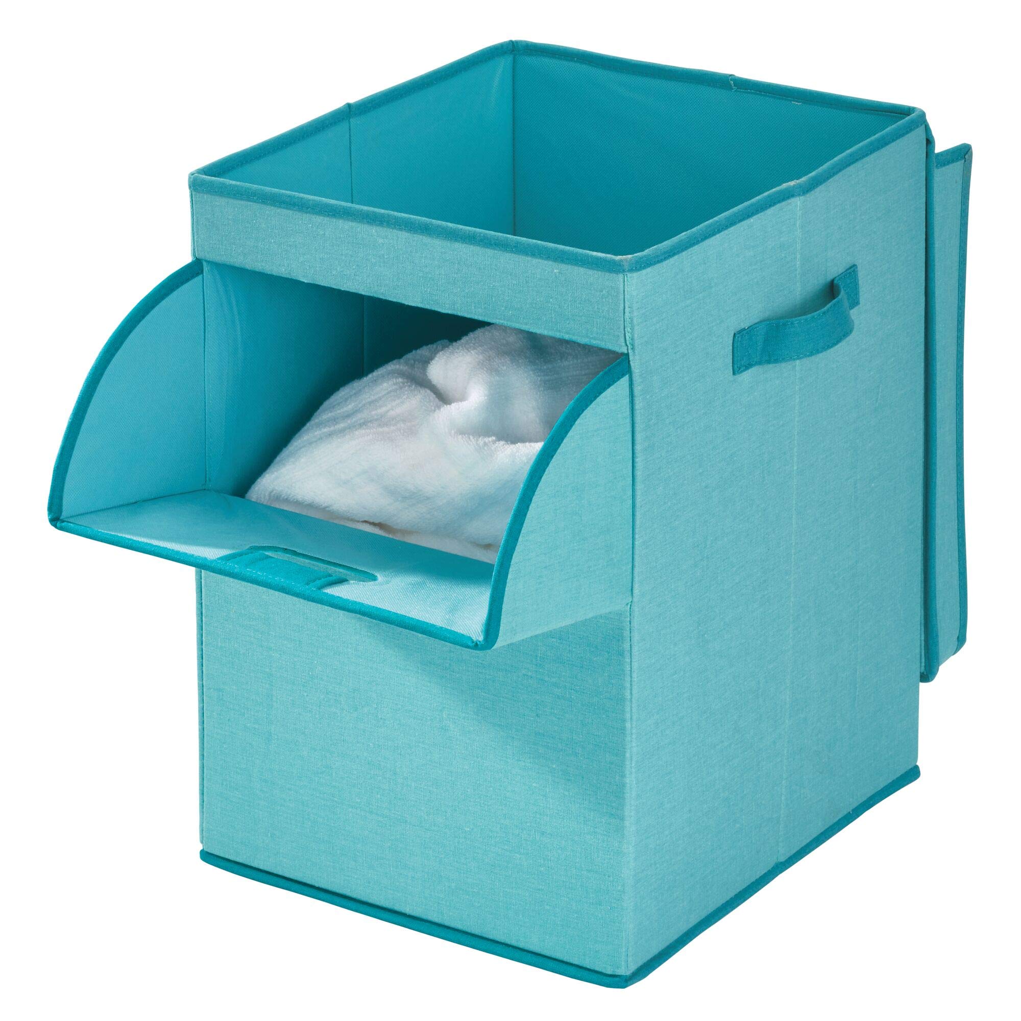 iDesign Emmy Fabric Storage Bin with Lid & Front Opening - Dual Handles for Closet, Bedroom, Nursery, Toys Organization - Teal Storage Basket for Home, Office & Kids Room Organization