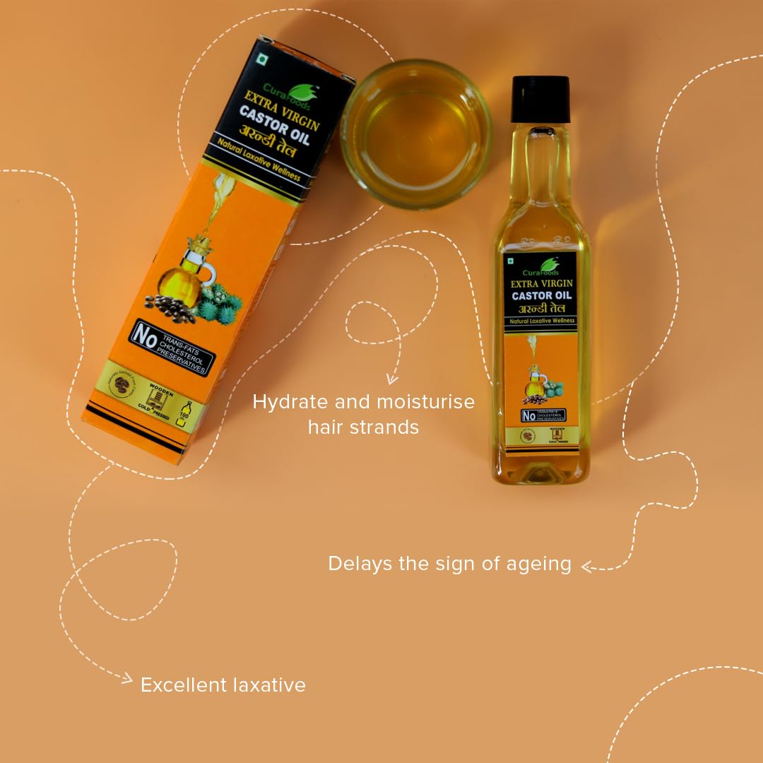 Organic CURA AYURVEDIC & UNANI Castor Oil (Arandi Oil) 200ml - Natural Laxative for Constipation Relief, Hair Growth & Body Massage | 100% Pure Cold-Pressed | For Digestive Health, Skin Care & Hair Treatment (Pack of 2 x 100ml)