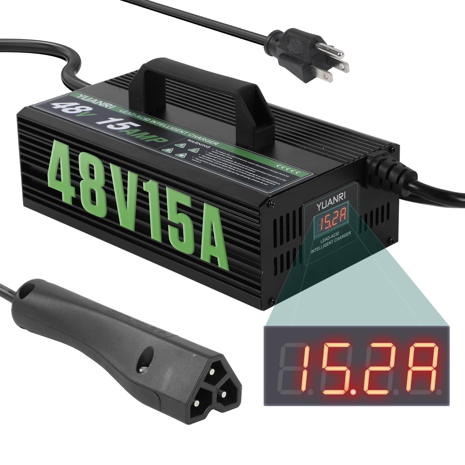 48V EZGO Golf Cart Charger 15AMP with LCD Display - Compatible with EZGO RXV & TXT Models - 16FT Cable & 3-Pin Triangular Plug - Lead-Acid Battery Charger for Home, Golf Course & RV Use