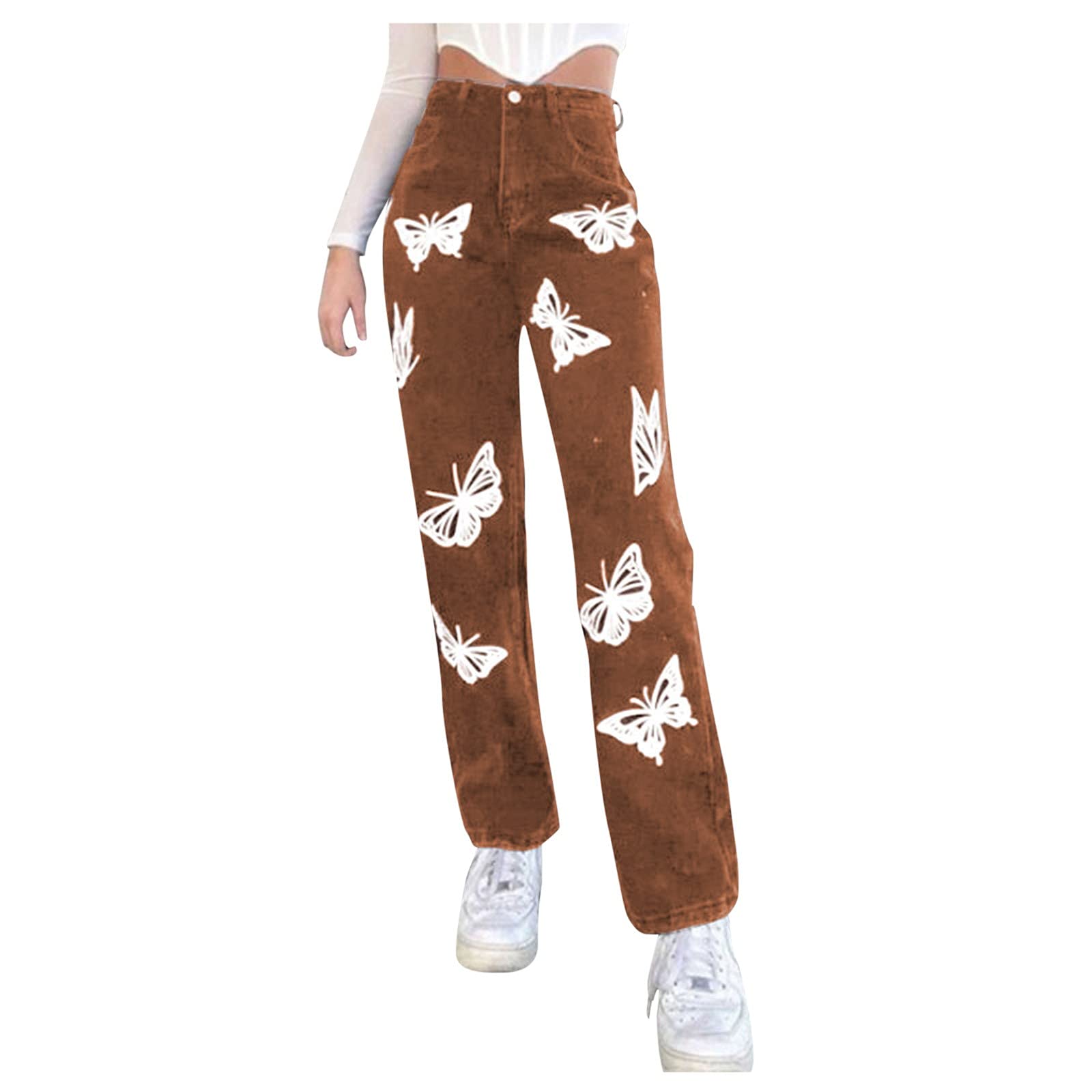 Color Solid Denim Loose Jeans for Women - Butterfly Waist High Print Trousers, Casual Chic Style for Everyday Wear and Outdoor Adventures