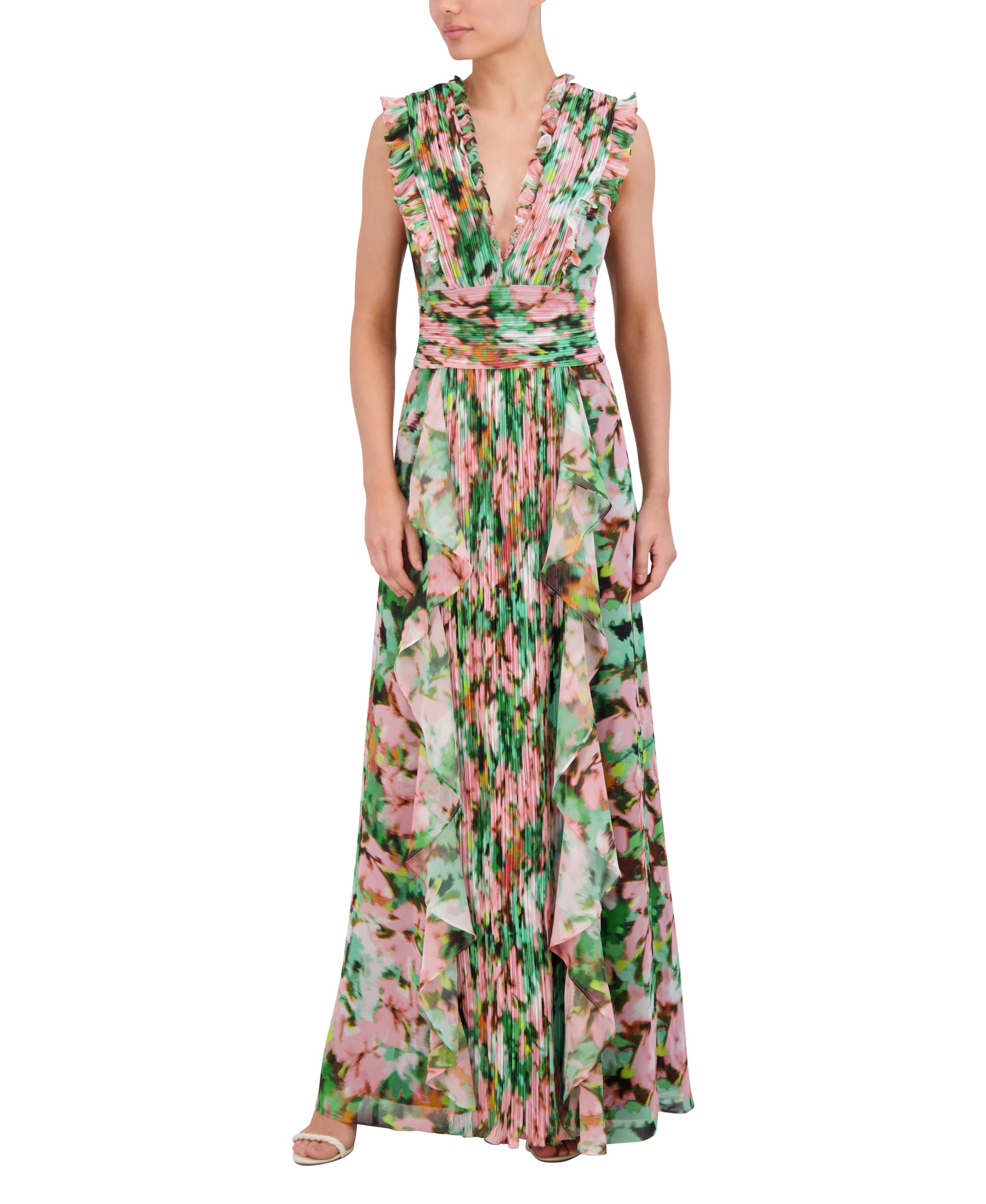 BCBGMAXAZRIA Women's Sleeveless V-Neck Pleated Ruffle Maxi Dress - Elegant Formal Gown for Weddings, Galas & Special Occasions