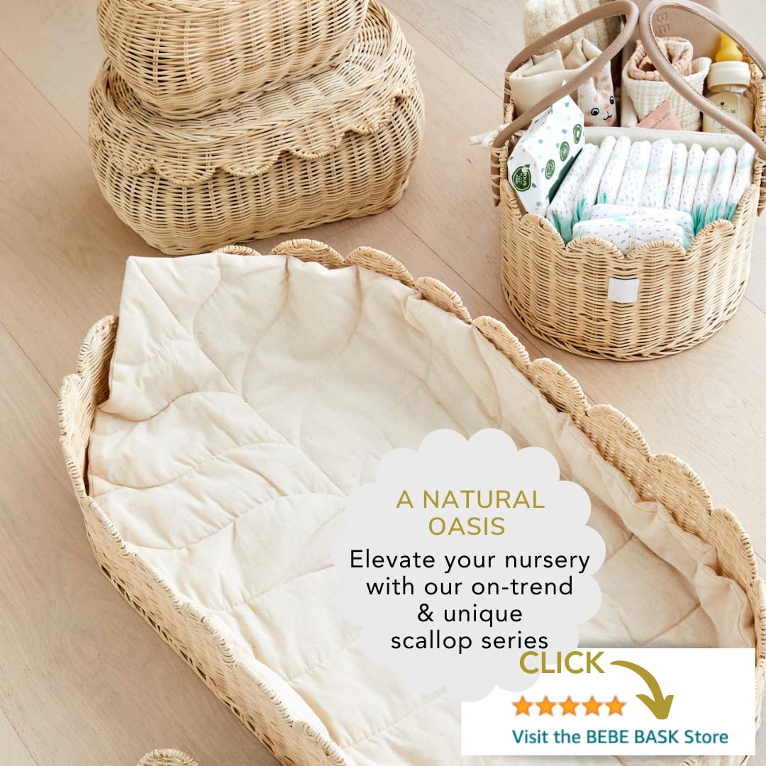 Premium Baby Diaper Caddy Organizer - Handmade Rattan Storage Basket with Scalloped Edge - Award-Winning Nursery Organizer for Diapers, Wipes & Baby Essentials - Perfect for Baby Showers, Nursery Decor & Gift Giving (Natural)