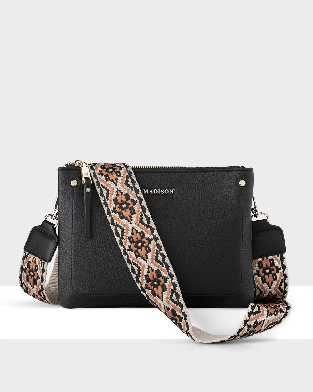 Charlotte Double Zip Crossbody Bag with Adjustable Aztec Print Strap - Stylish Hands-Free Purse for Women, Perfect for Travel, Shopping & Everyday Use