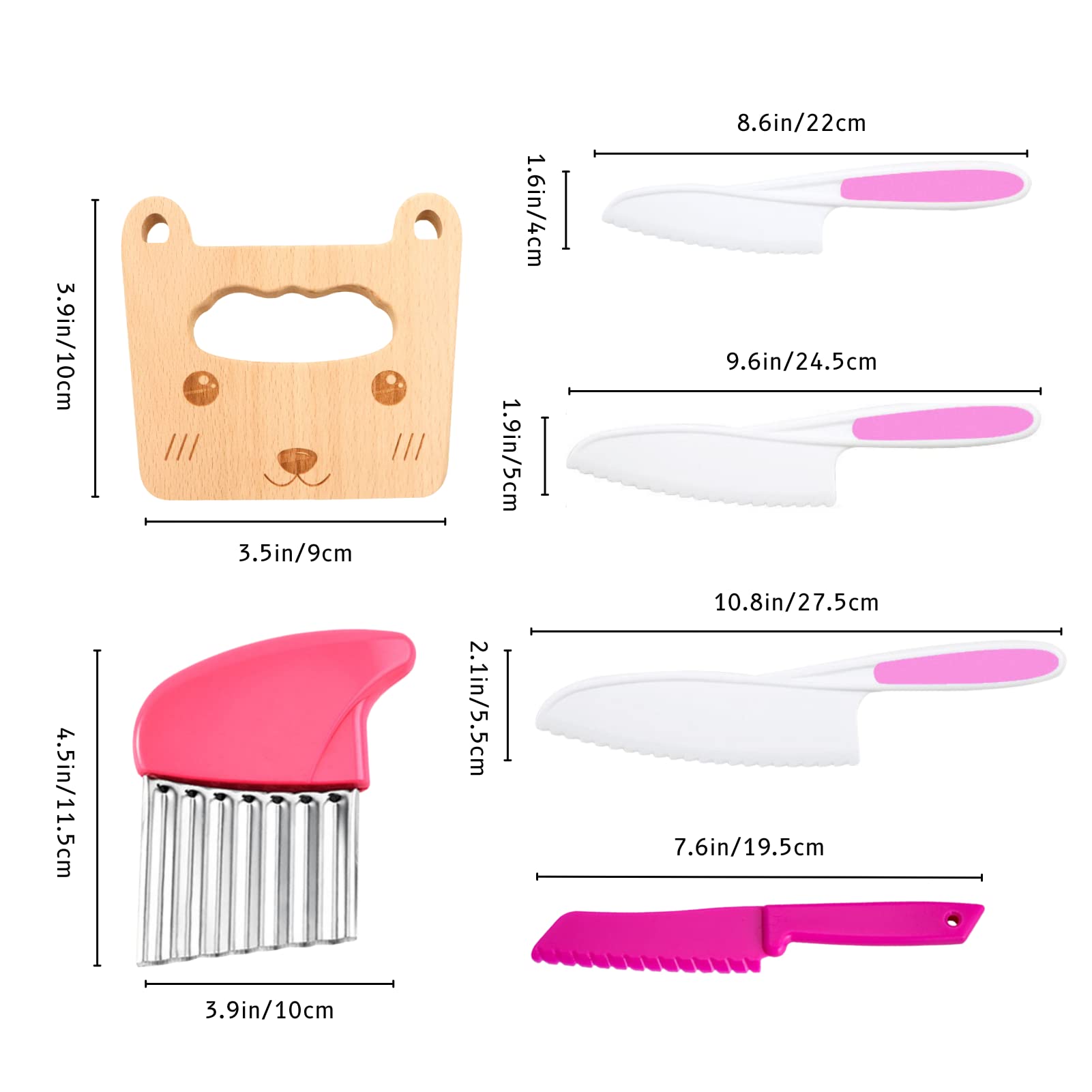 6-Piece Kids Wooden Knife Set for Real Cooking - Montessori Safe Kitchen Tools with Plastic Serrated Edges, Toddler Crinkle Cutter & Potato Slicer - Perfect for Children's Cooking Classes & Family Meal Prep (Pink)