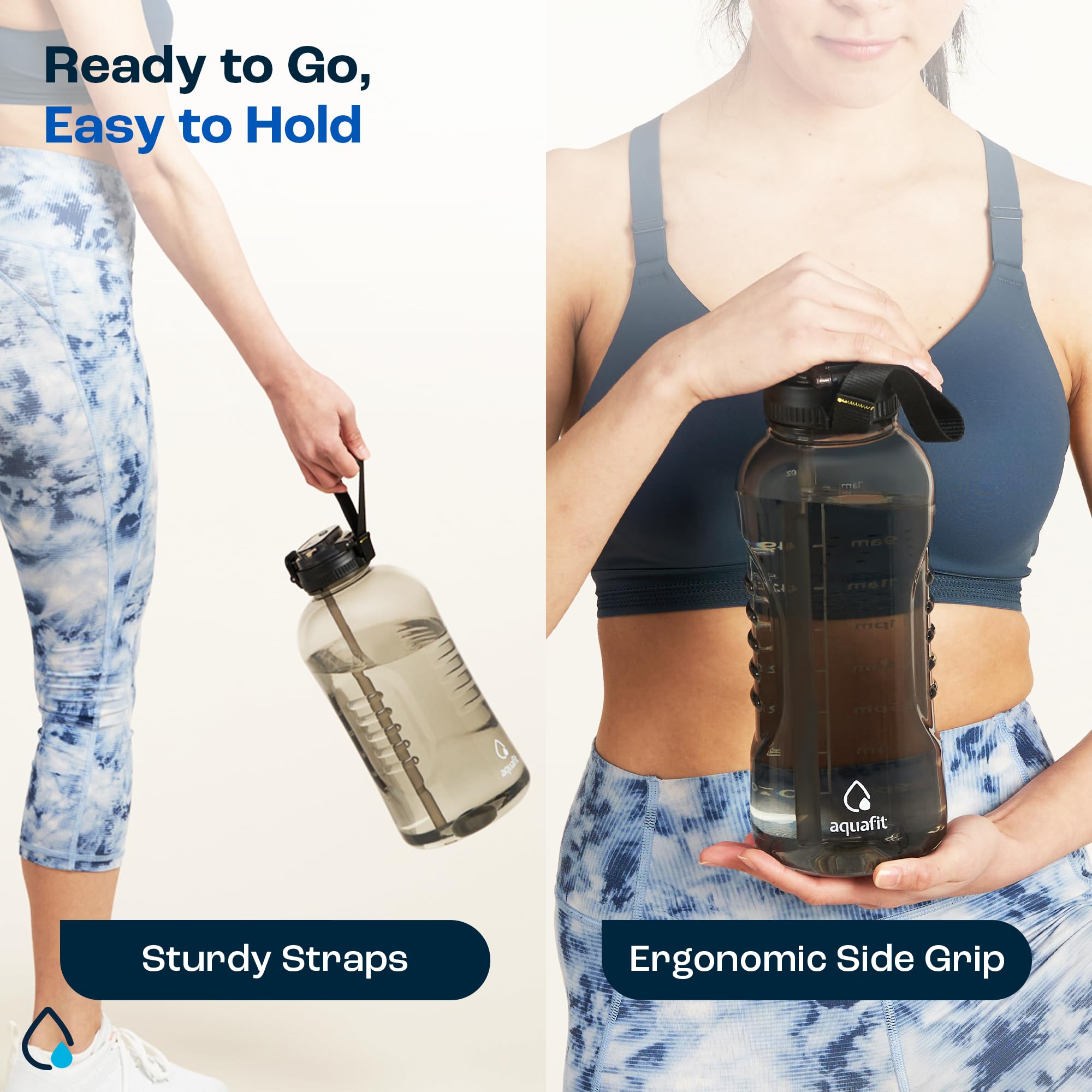 AQUAFIT 128 oz (1 Gallon) BPA Free Water Bottle with Time Marker - 2-in-1 Straw & Chug Lid - Large Leakproof Gym Water Bottle with Handle Strap - Ideal for Workouts, Hiking & Outdoor Activities (Gray)