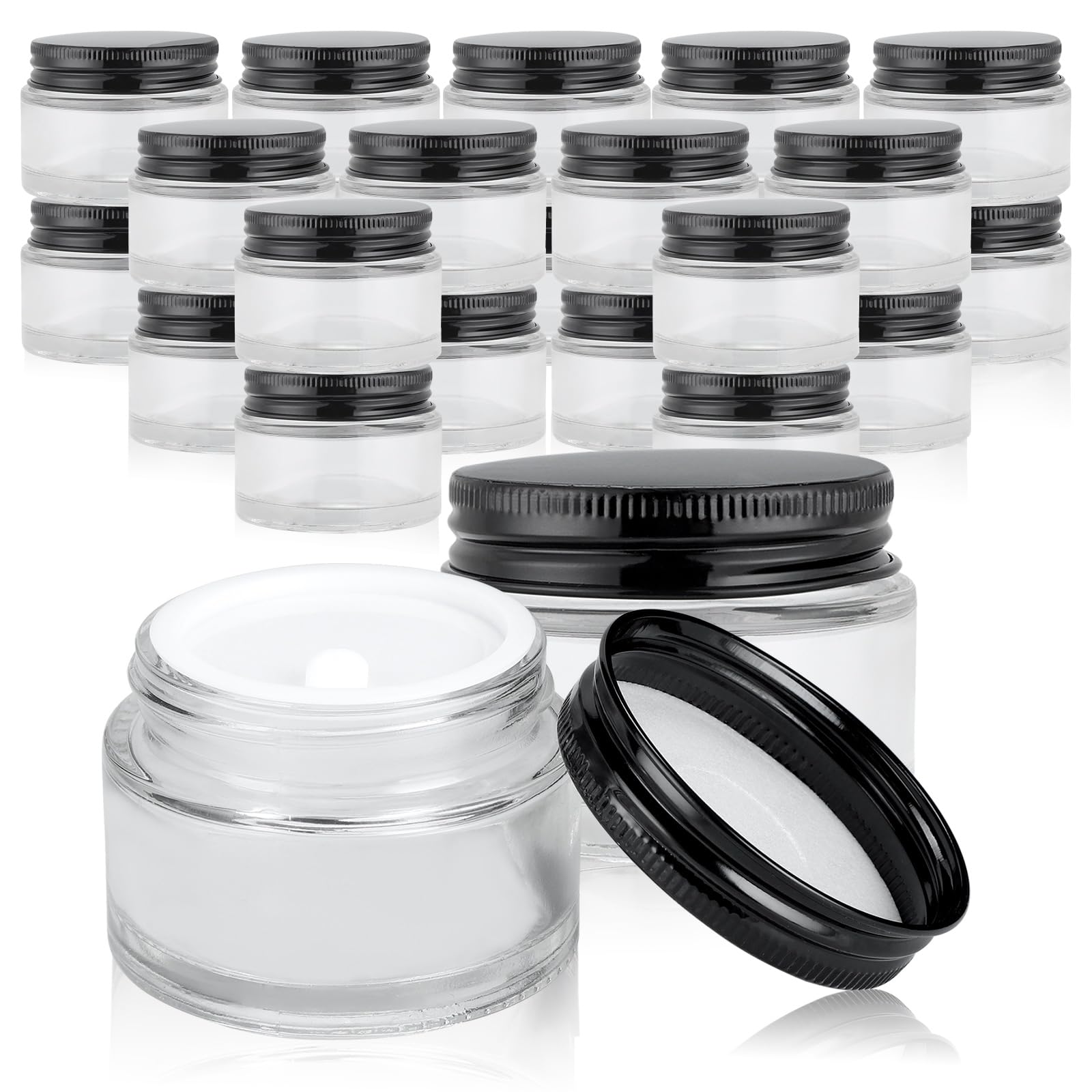 24 Pack 2oz Clear Glass Jars with Black Metal Lids - Small Empty Cosmetic Containers with Inner Liners - Travel-Sized Lotion Jars with Labels - Perfect for DIY Beauty Products, Travel Toiletries & Home Organization