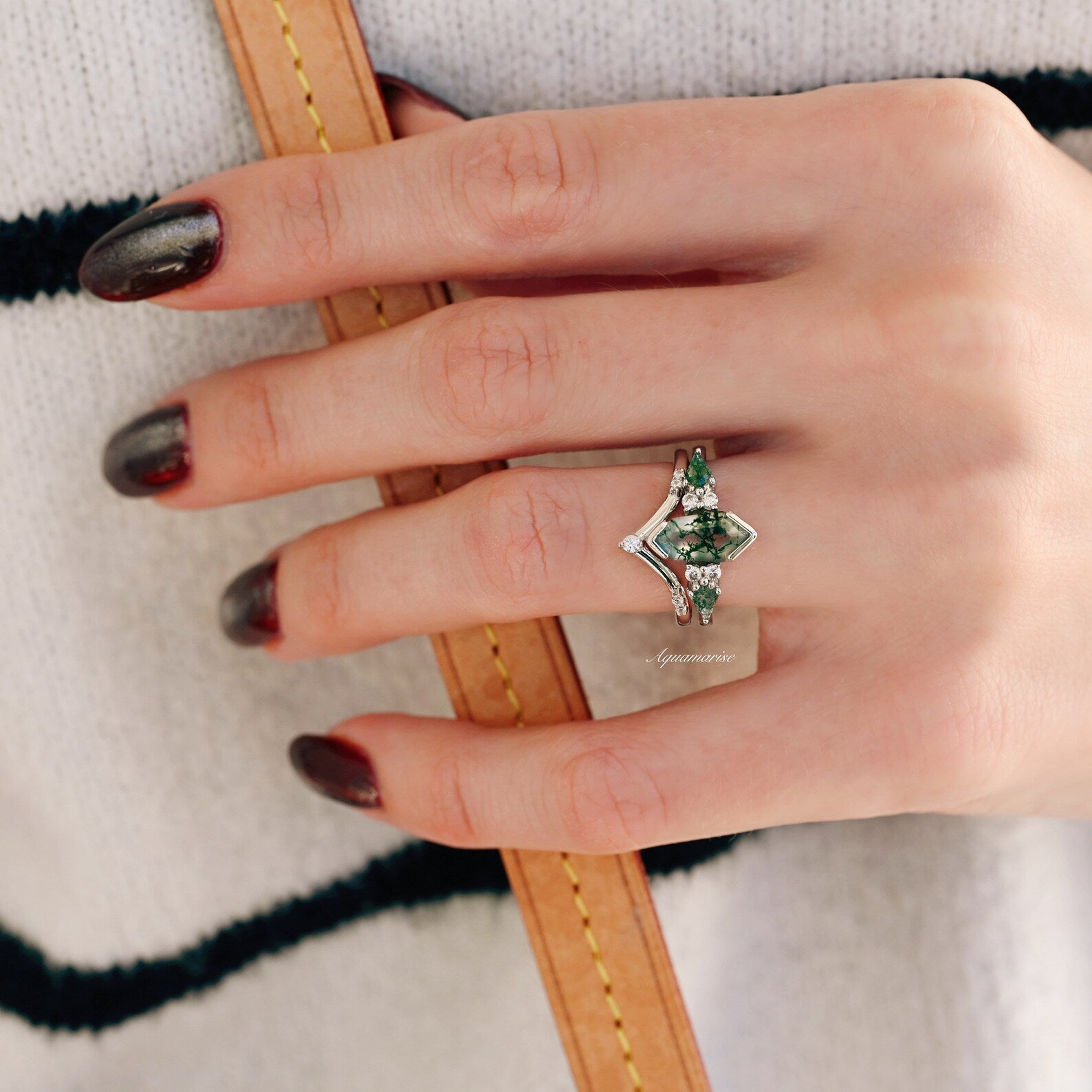 Green Moss Agate Coffin Ring Set - 925 Sterling Silver Gothic Jewelry for Women, Witchy Aesthetic Accessories for Halloween, Dark Academia & Boho Fashion