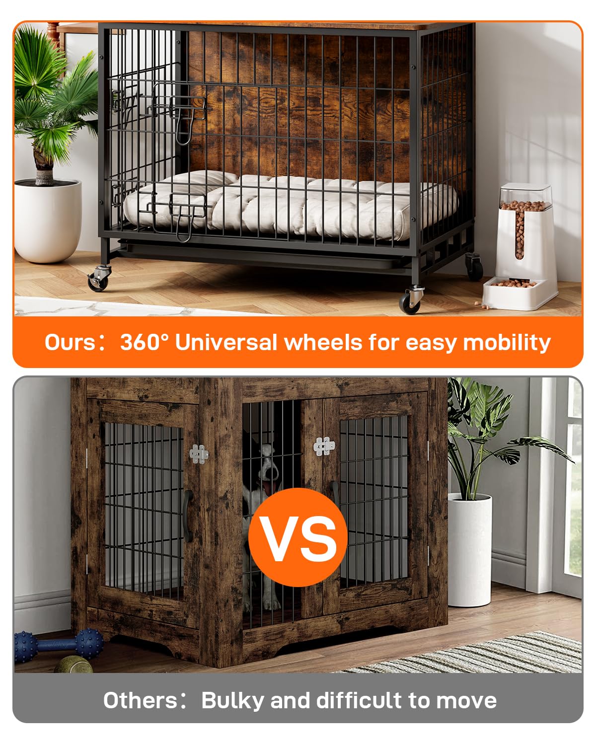 2024 Deluxe Wooden Dog Crate Furniture - Heavy-Duty Double-Door Kennel with Removable Tray & Wheels, 27.2