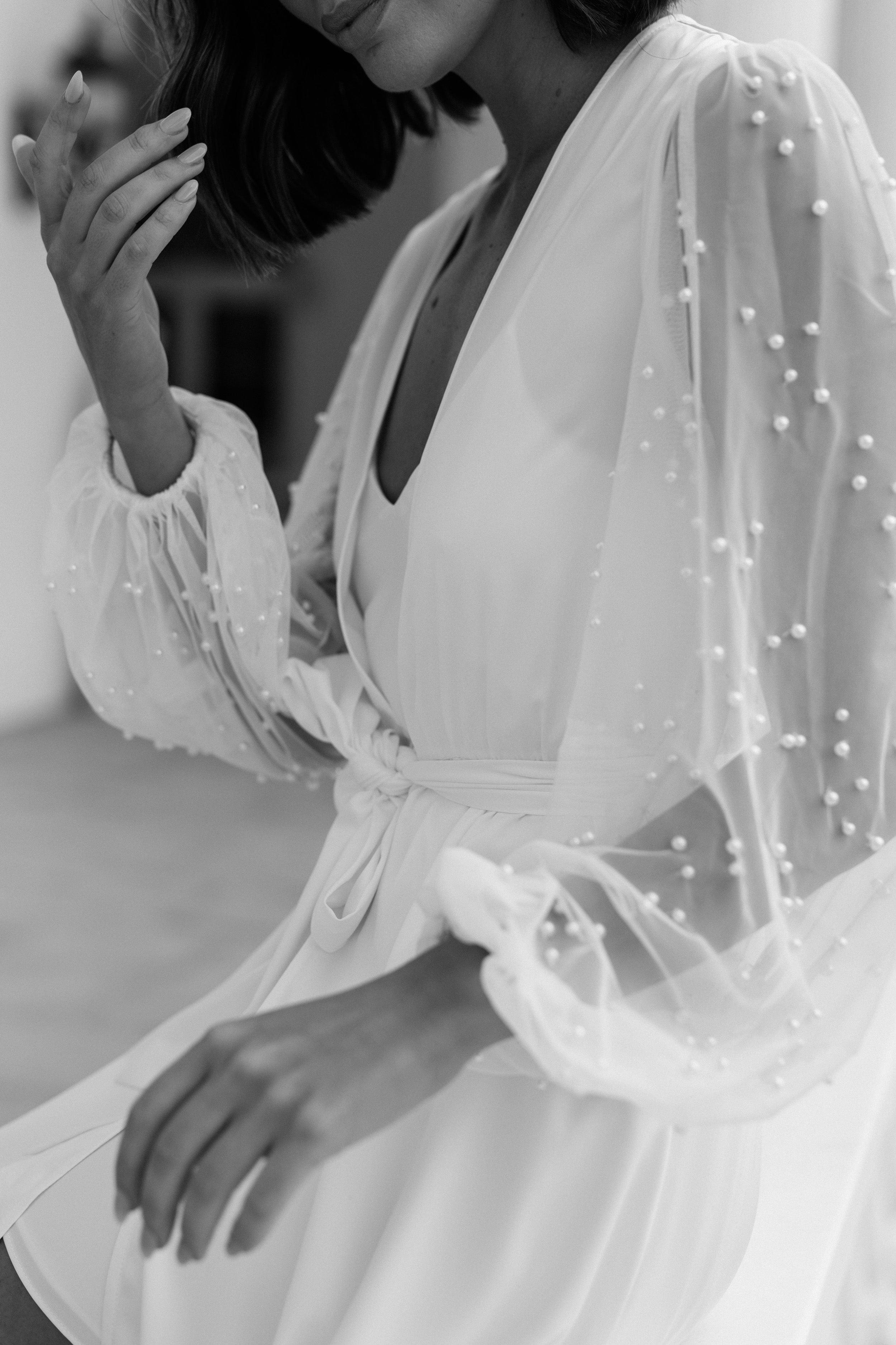 Sophia Hand Beaded Pearl Sleeve Maxi Robe with Slip - Elegant Formal Evening Gown for Weddings, Galas & Special Occasions