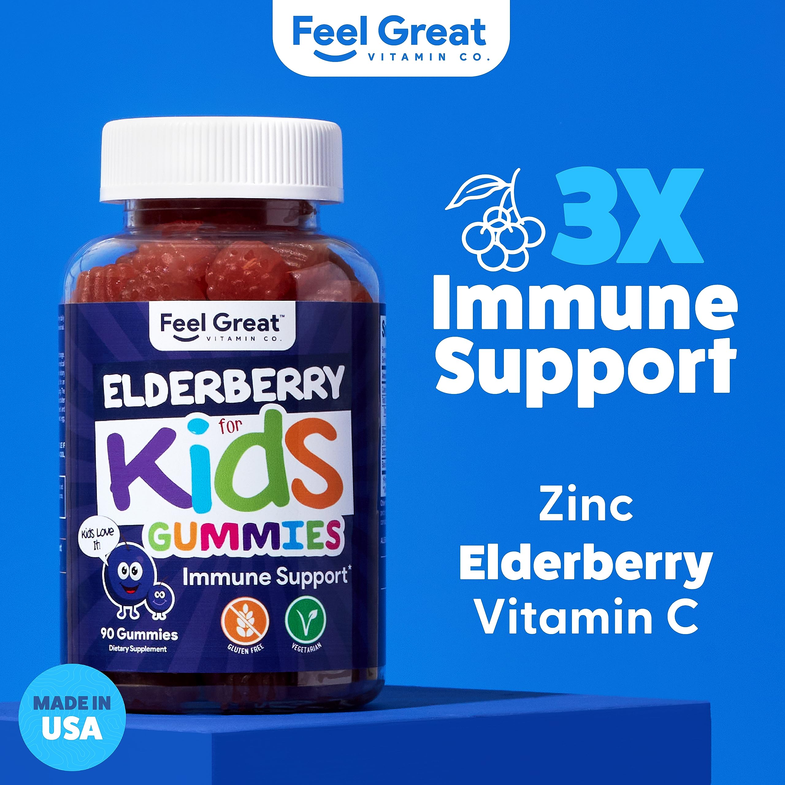 Feel Great Vitamin Co. Elderberry Gummies for Kids - Immune Support with Vitamin C & Zinc | Natural Antioxidant Booster | Gluten Free Vegetarian Supplement (90 Count) | Perfect for Daily Immunity & Cold Season Protection