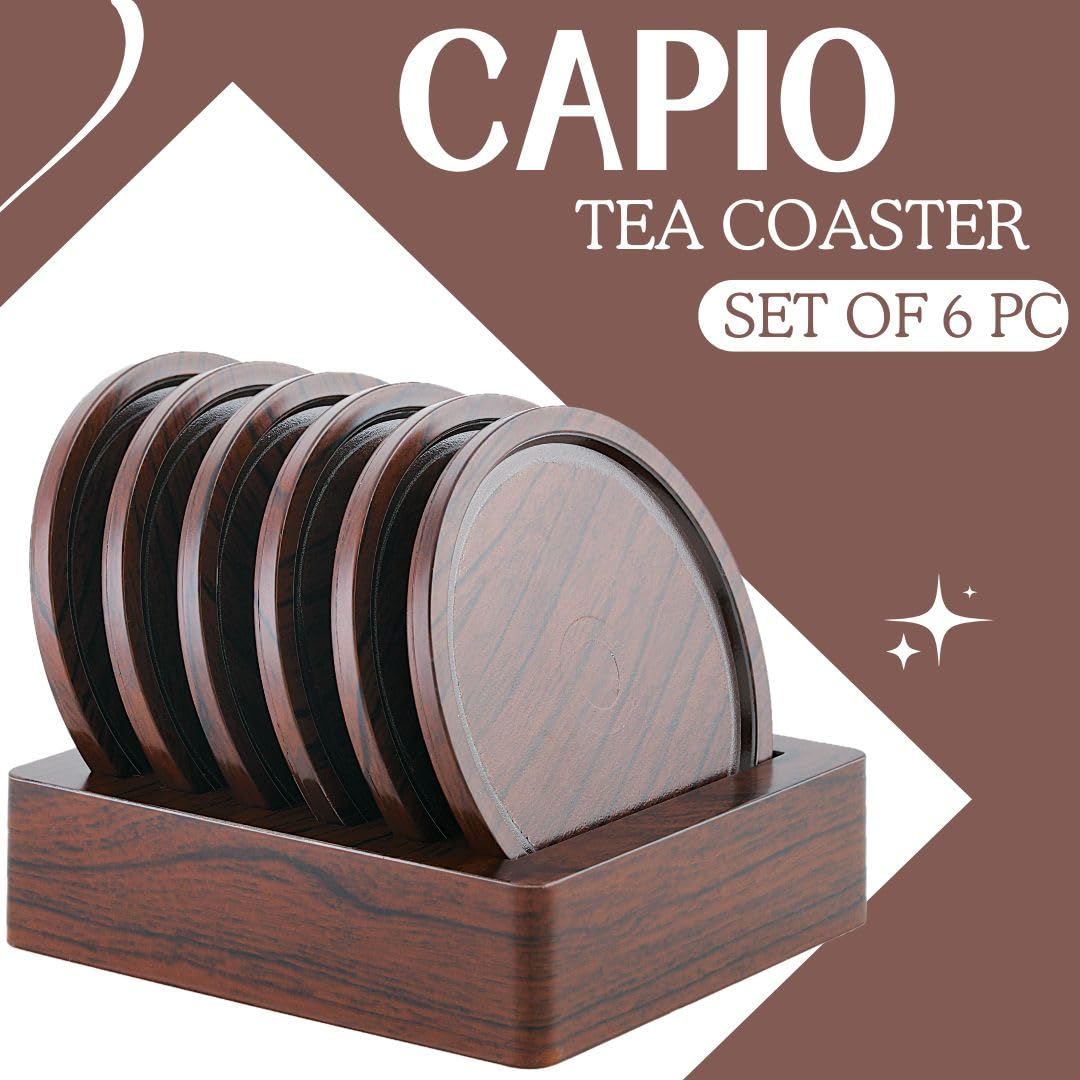 Stylish Nabhya 6-Piece Plastic & Steel Coaster Set with Holder for Coffee Mugs, Beer Cans, Tumblers & Water Glasses - Brown - Perfect for Home, Office & Bar Use