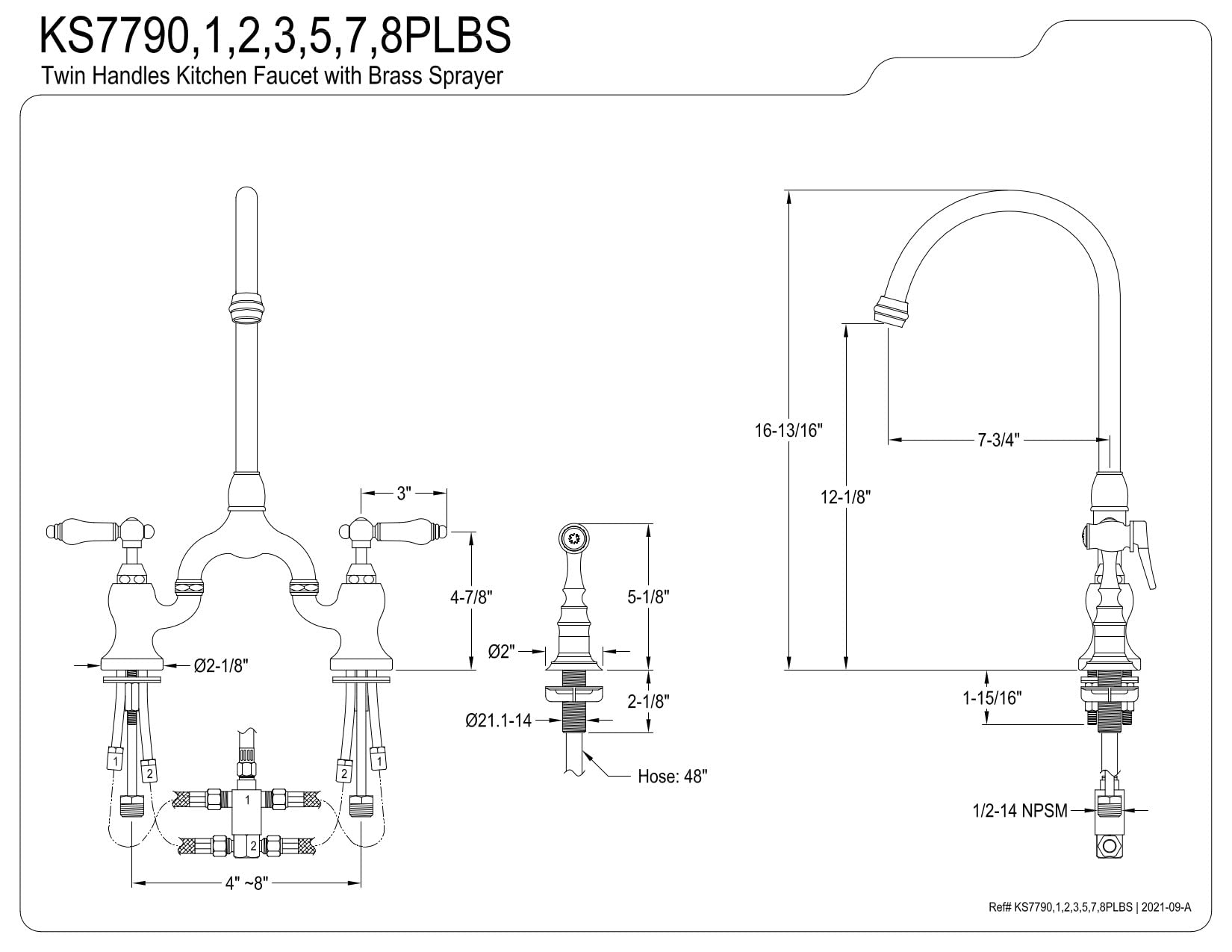 Kingston Brass KS7795PLBS English Country Bridge Kitchen Faucet with Brass Sprayer - Oil Rubbed Bronze Finish - 8 x 7.75 x 16.81 Inches - Perfect for Farmhouse, Cottage & Traditional Kitchen Sinks