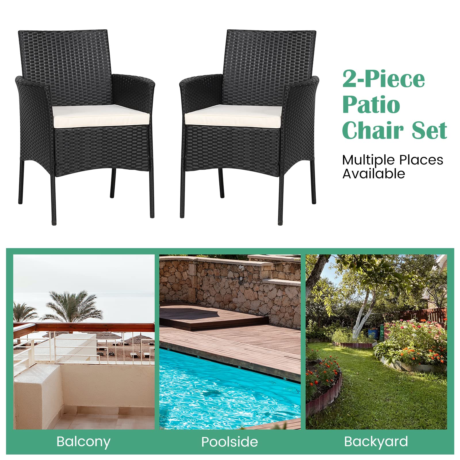 2PCS Rattan Patio Chair Set with Cushions & Armrests - Lightweight Outdoor Deck Chairs for Backyard, Balcony, Poolside, Garden - Easy Assembly & Weather-Resistant - Perfect for Relaxing, Sunbathing or Entertaining Guests